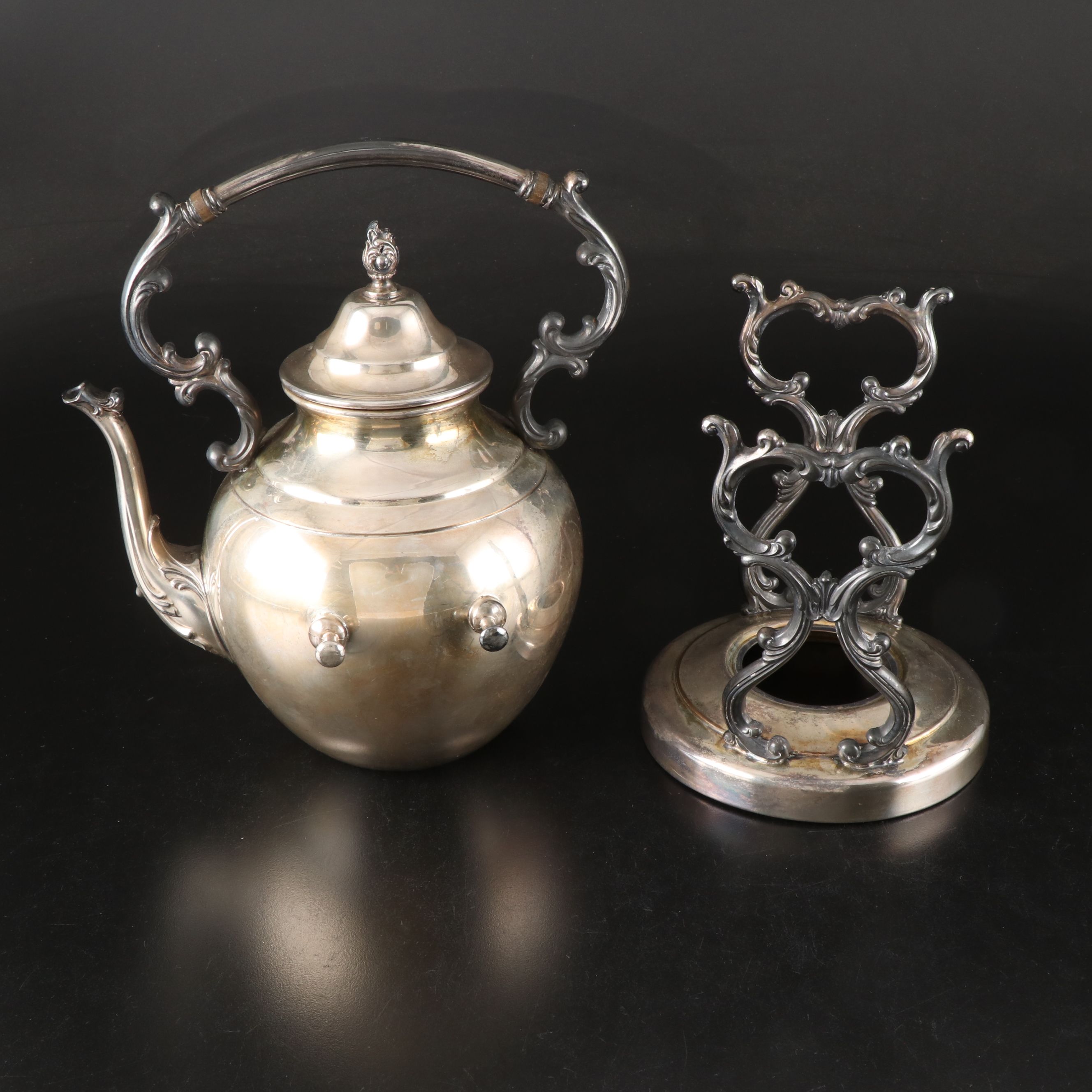 Wm. Rogers Silver Plate Tea Service with Sheridan Scroll-Handled Mugs