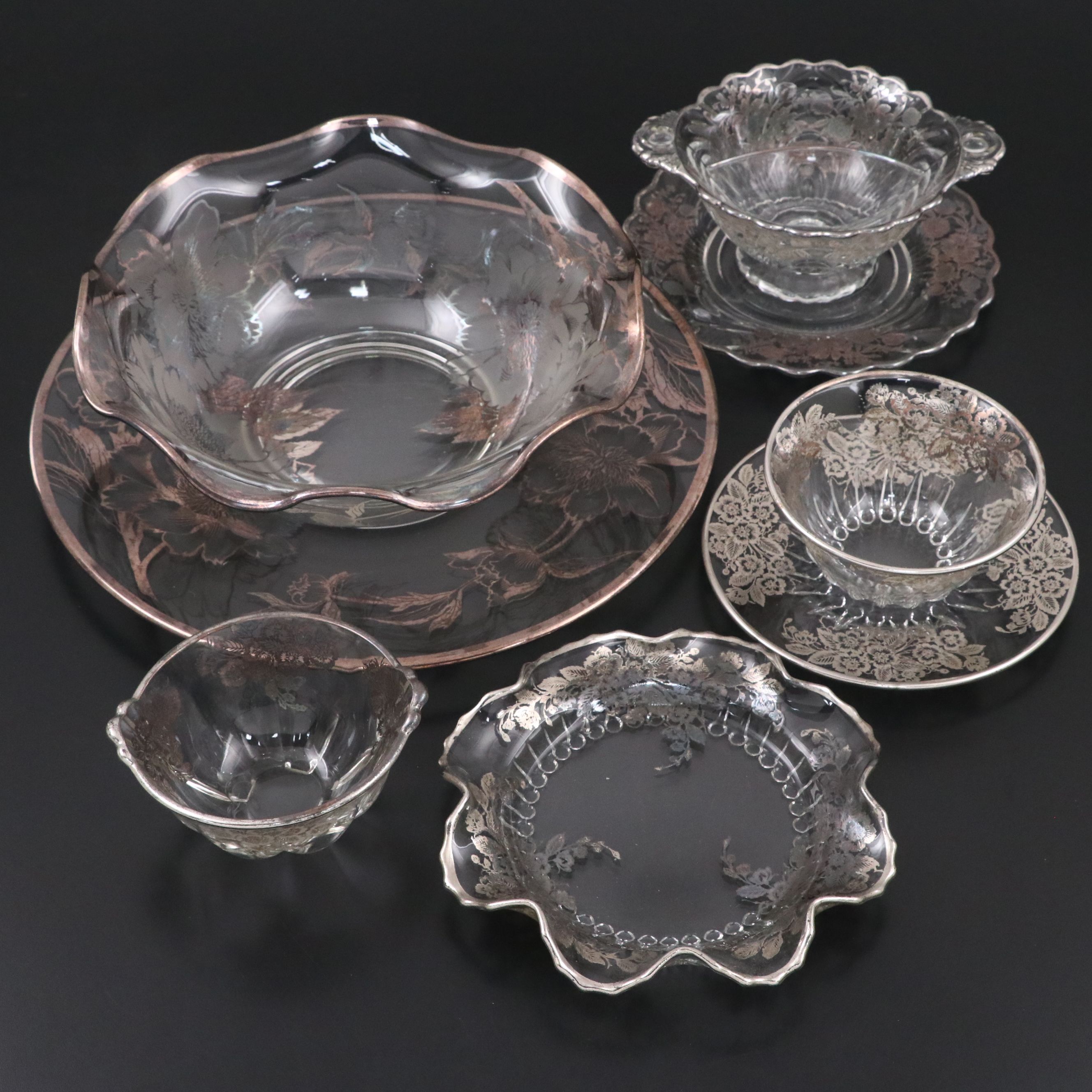 Punch Bowl and Tray and More Floral Silver Overlay Serveware