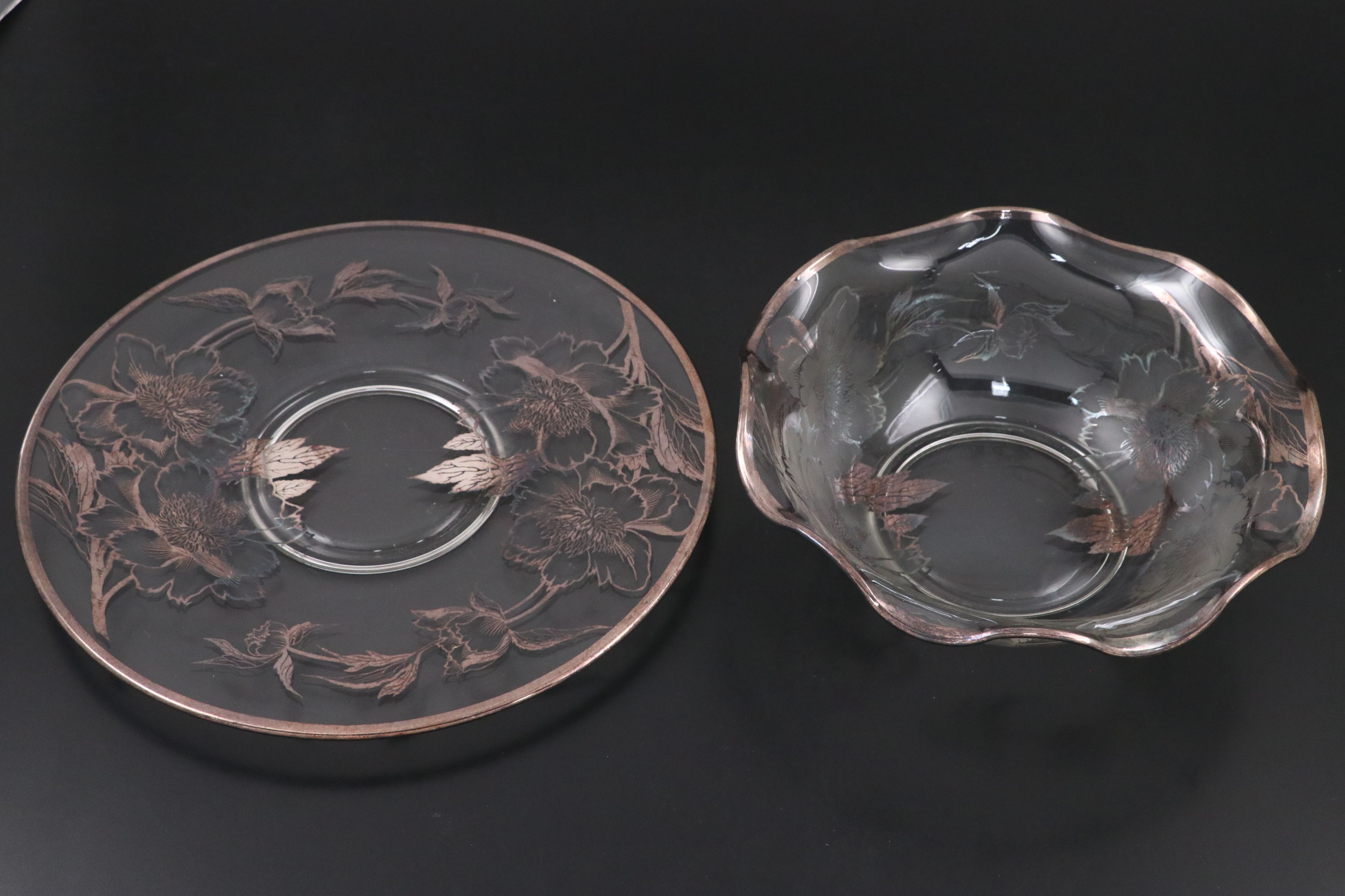 Punch Bowl and Tray and More Floral Silver Overlay Serveware