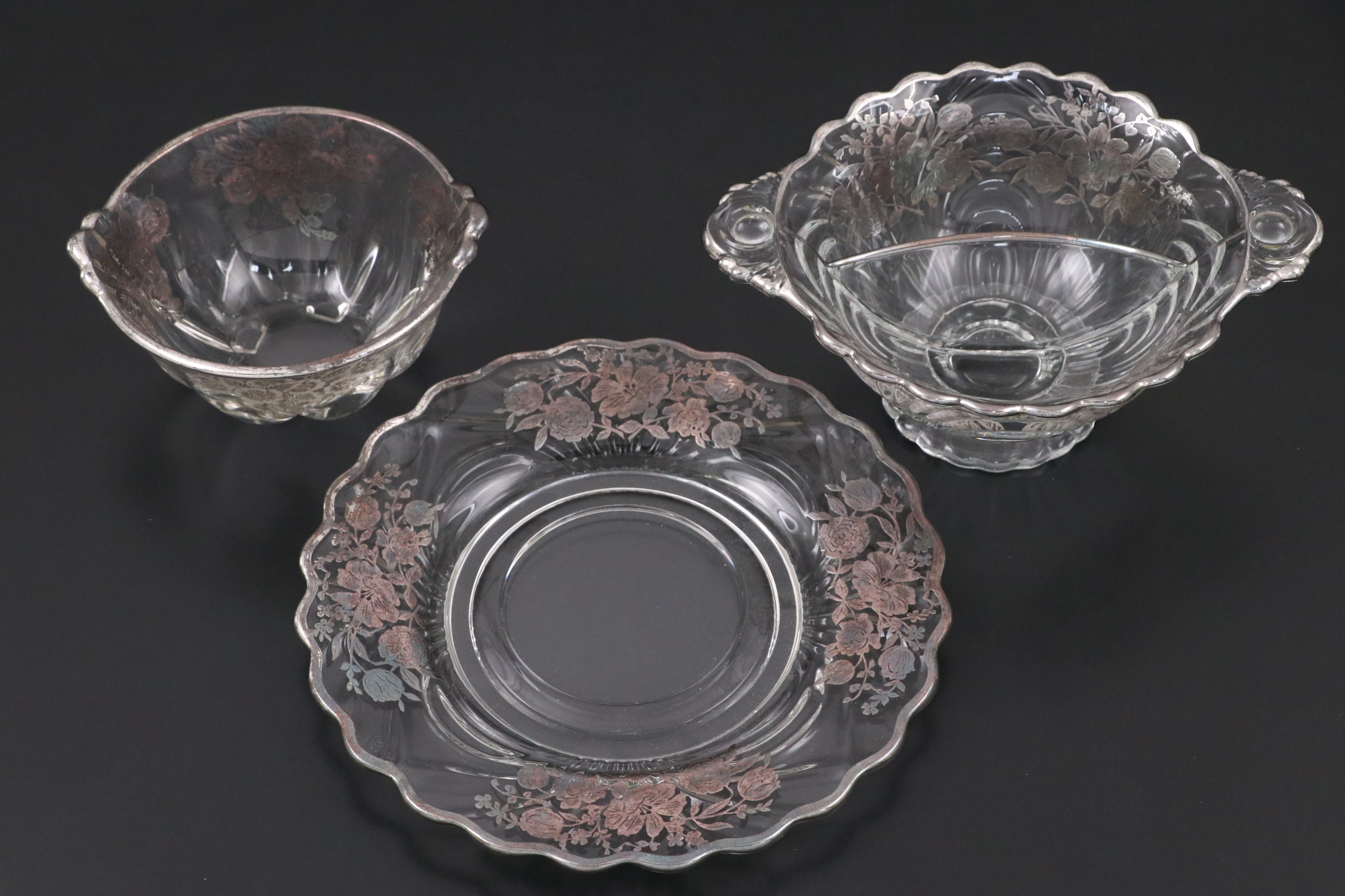 Punch Bowl and Tray and More Floral Silver Overlay Serveware