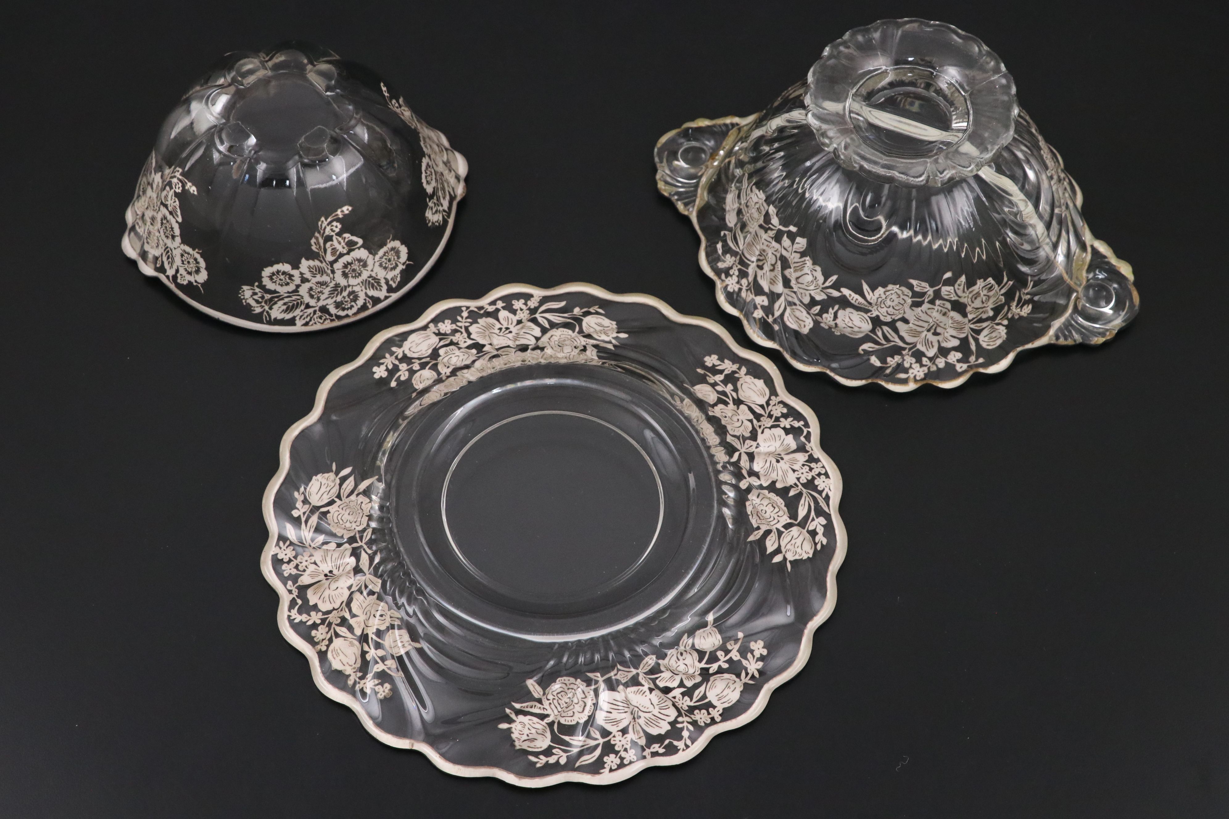 Punch Bowl and Tray and More Floral Silver Overlay Serveware