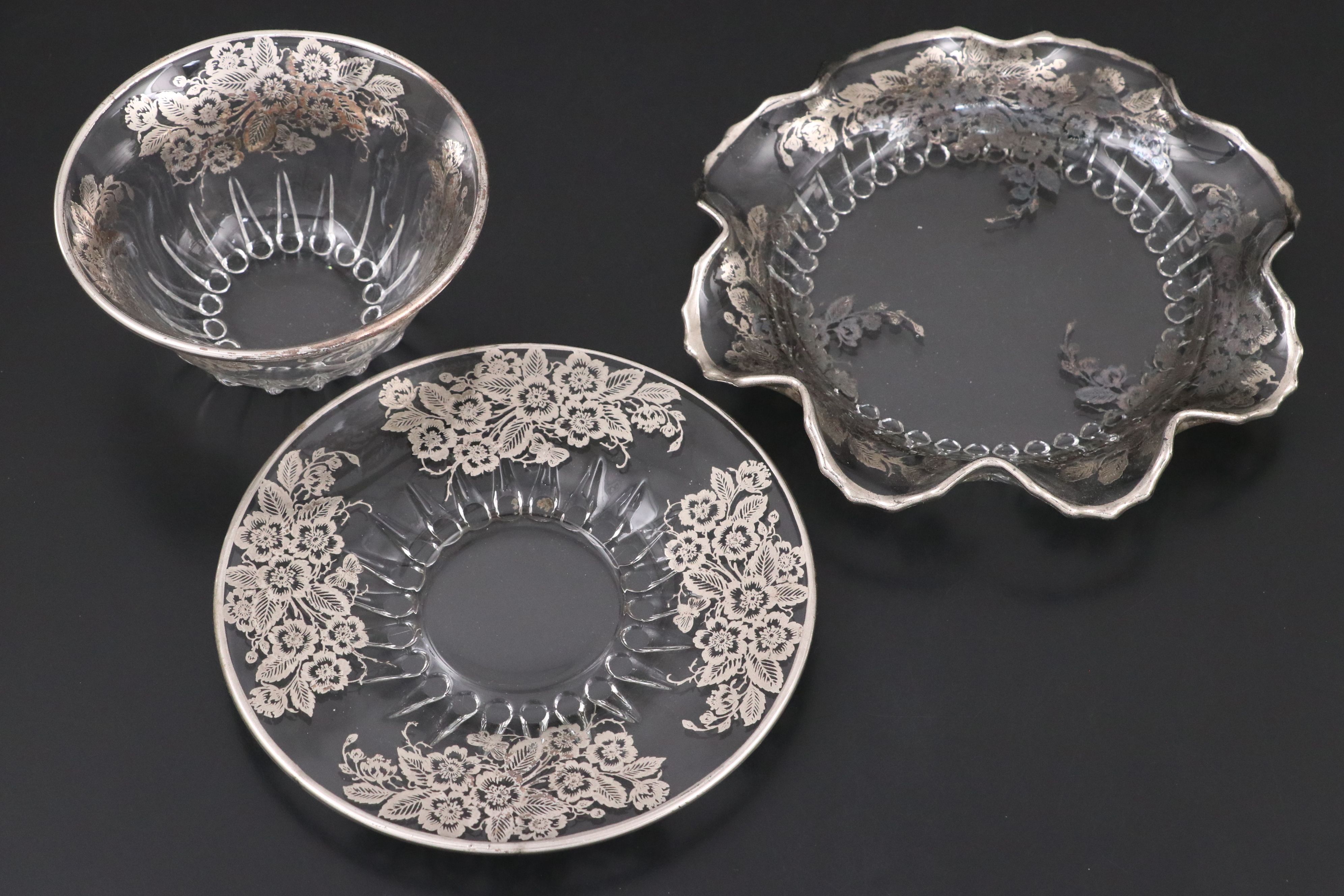 Punch Bowl and Tray and More Floral Silver Overlay Serveware