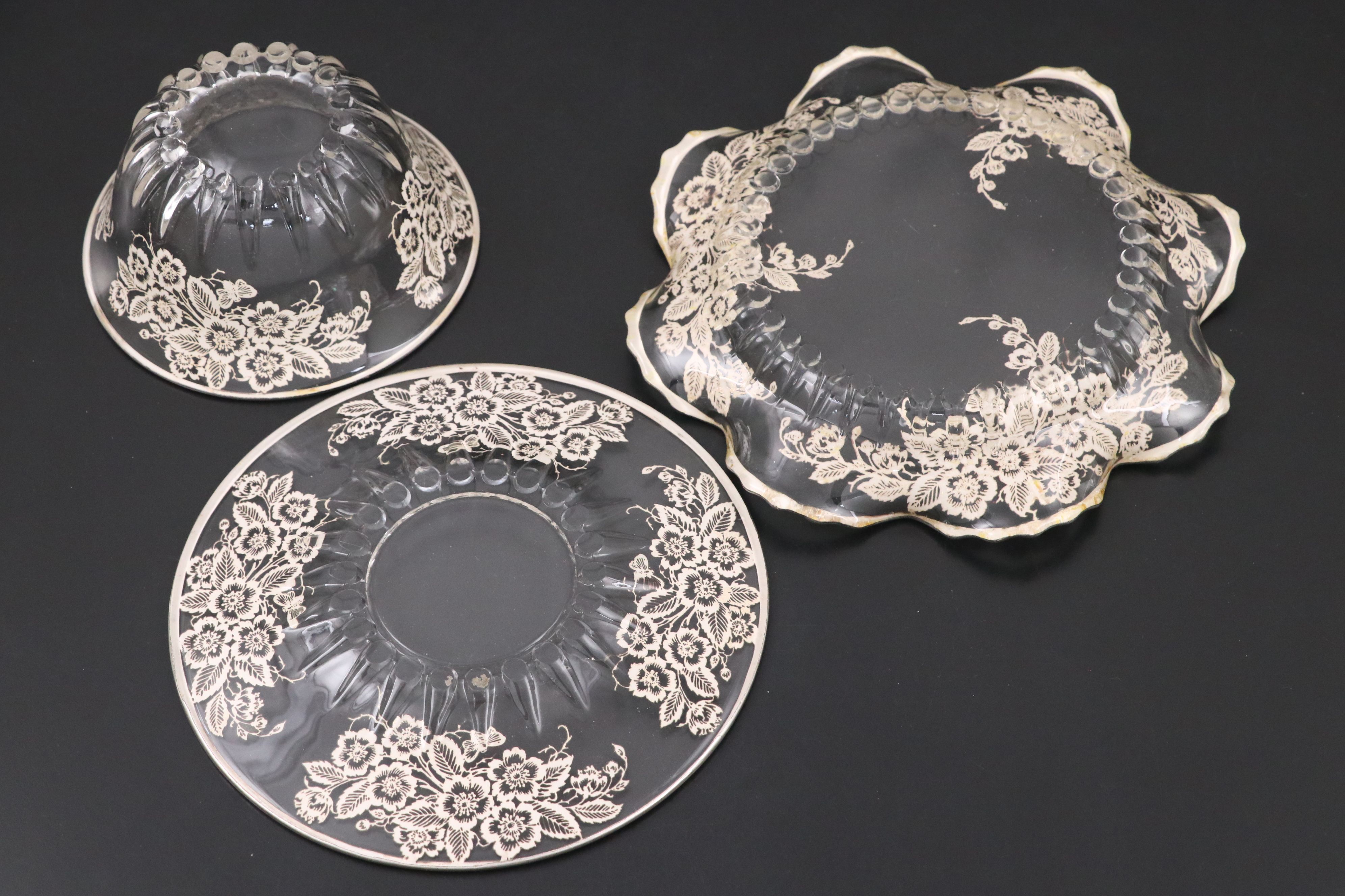 Punch Bowl and Tray and More Floral Silver Overlay Serveware