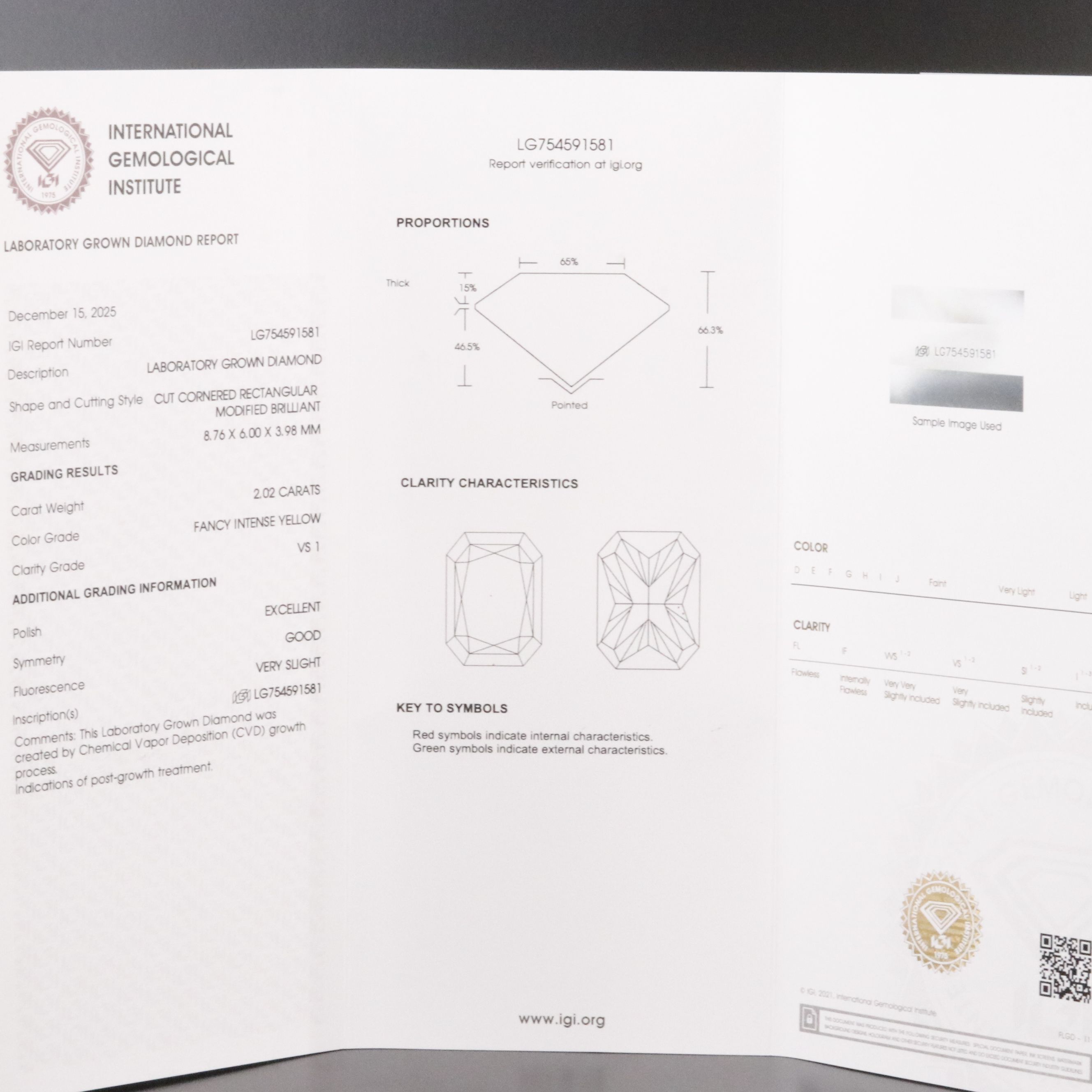 14K 2.24 CTW Lab Grown Diamond Ring with Fancy Intense Yellow and IGI Report
