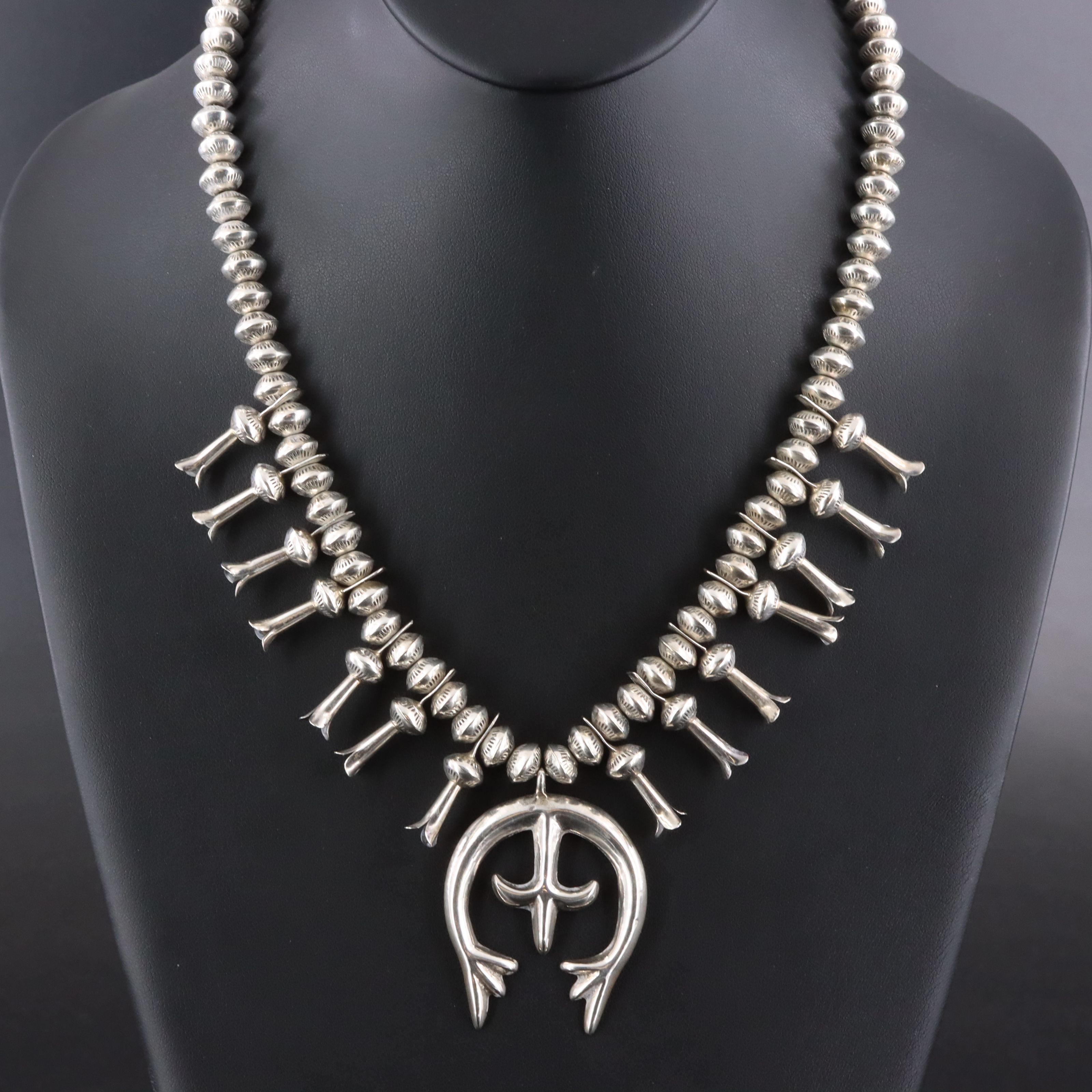 Southwestern Sterling and 800 Silver Squash Blossom Necklace