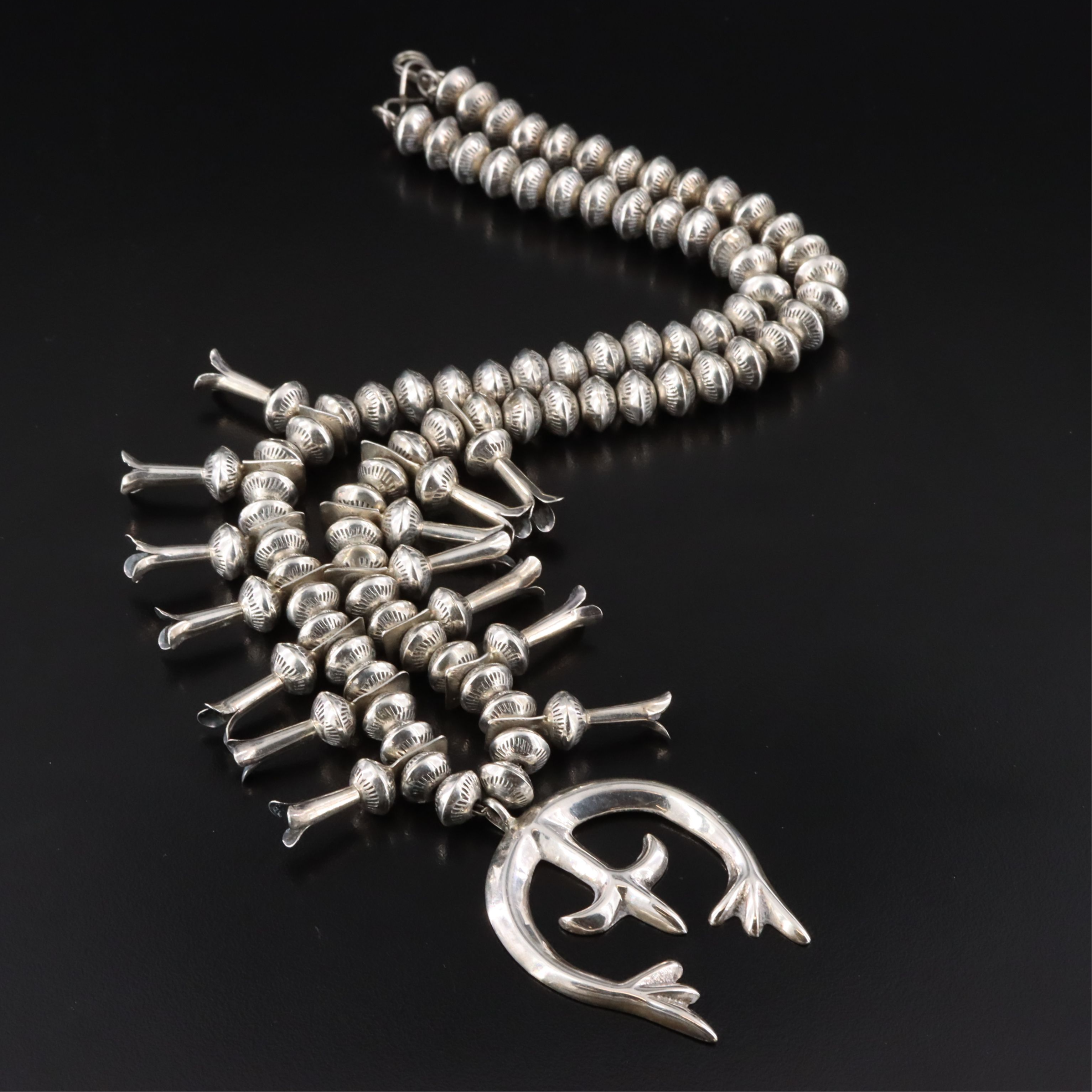 Southwestern Sterling and 800 Silver Squash Blossom Necklace