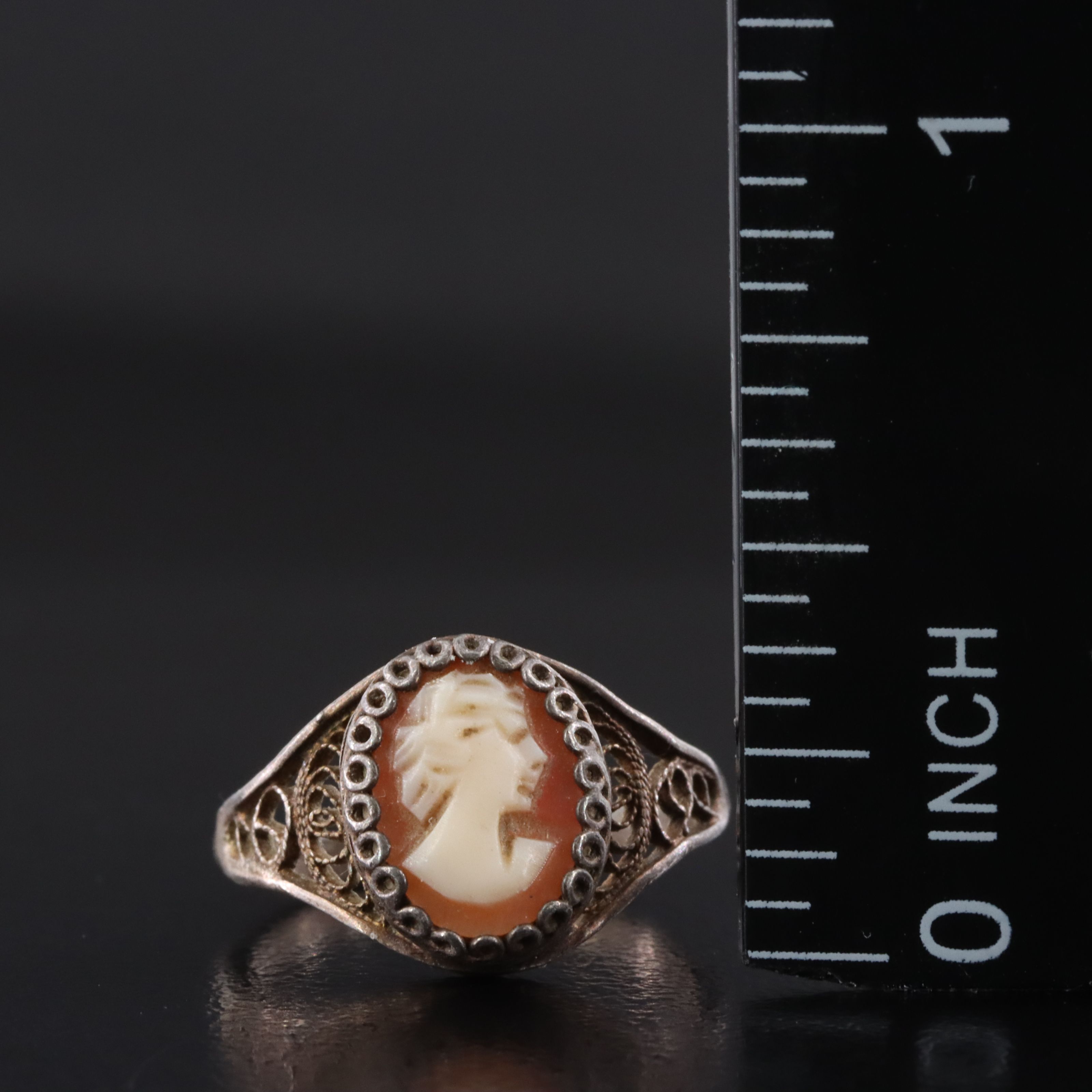 Sterling Shell Cameo Filigree Ring