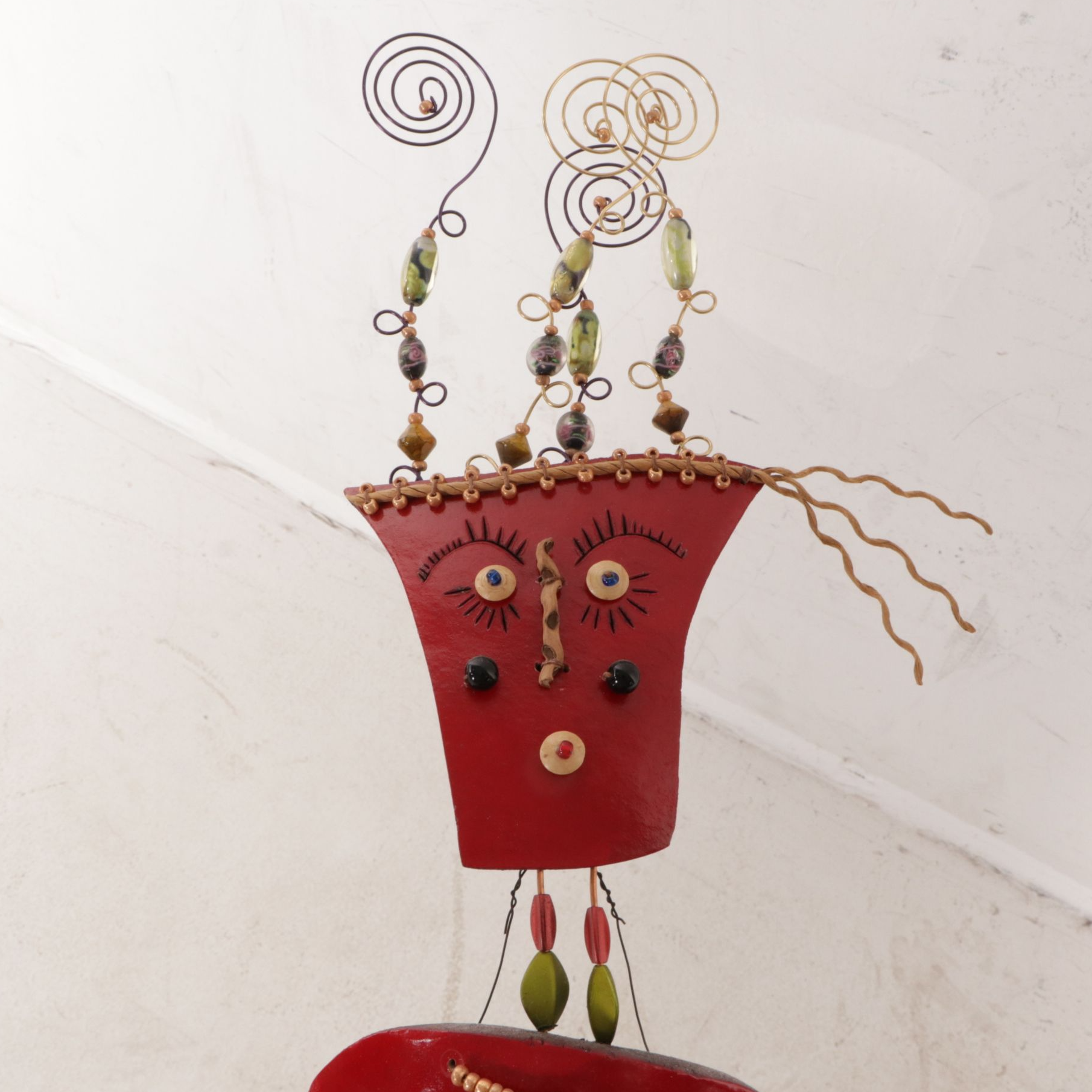 Eclecticist Style Art Wall Hanging Figure Adorned with Buttons and Beads