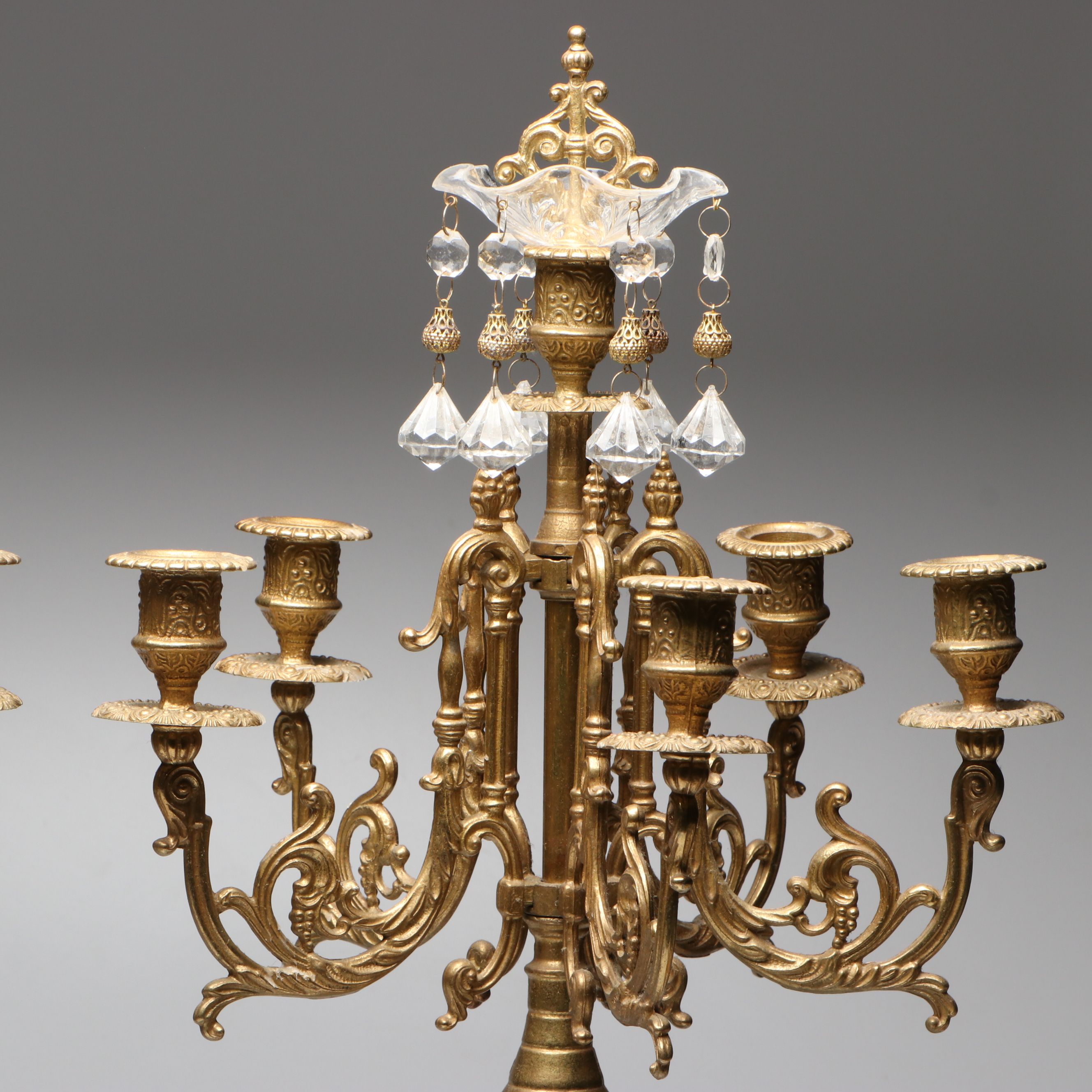 French Style Brass Finished and Glass Pendalogue Candelabra
