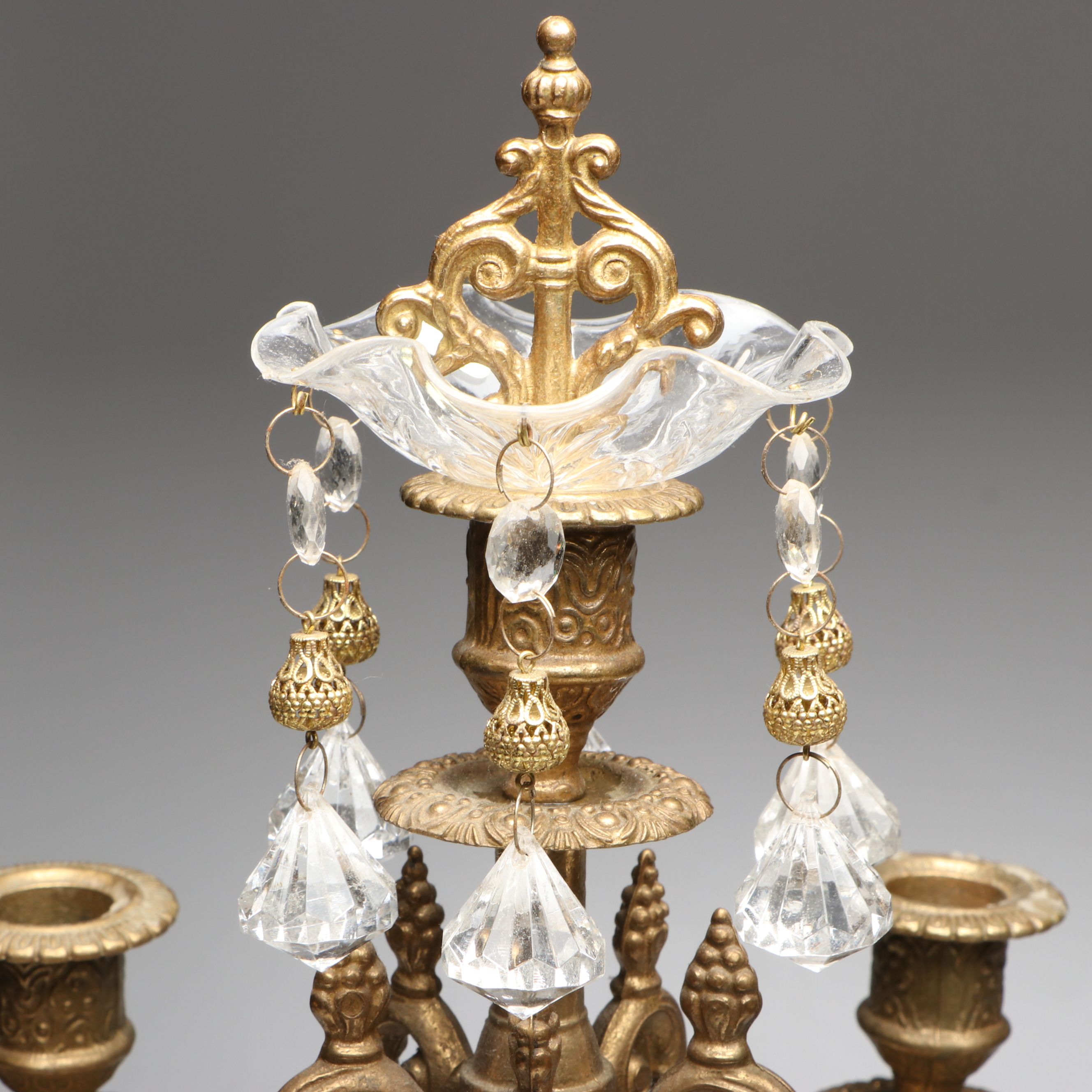 French Style Brass Finished and Glass Pendalogue Candelabra