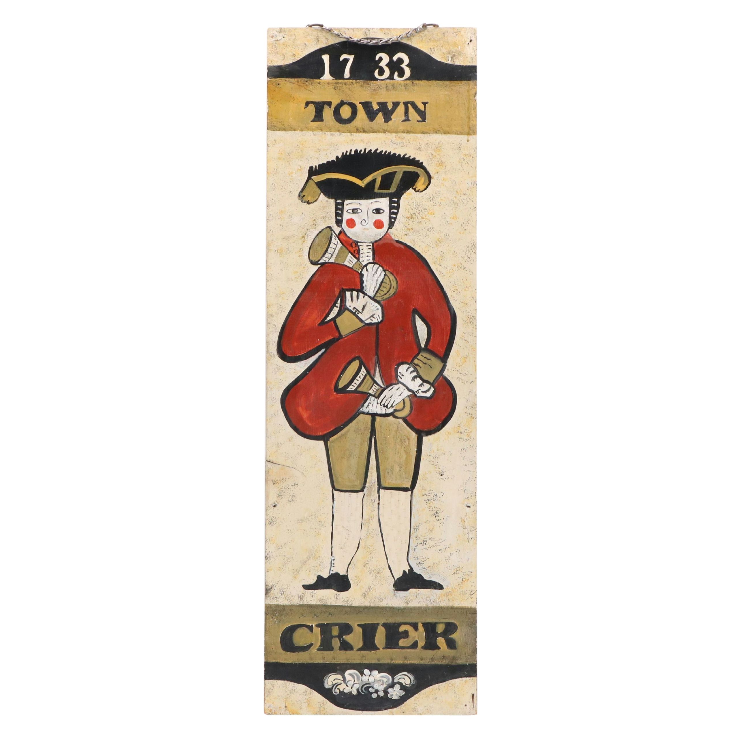 American Folk Art Hand-Painted Wooden Sign "Town Crier," 20th Century