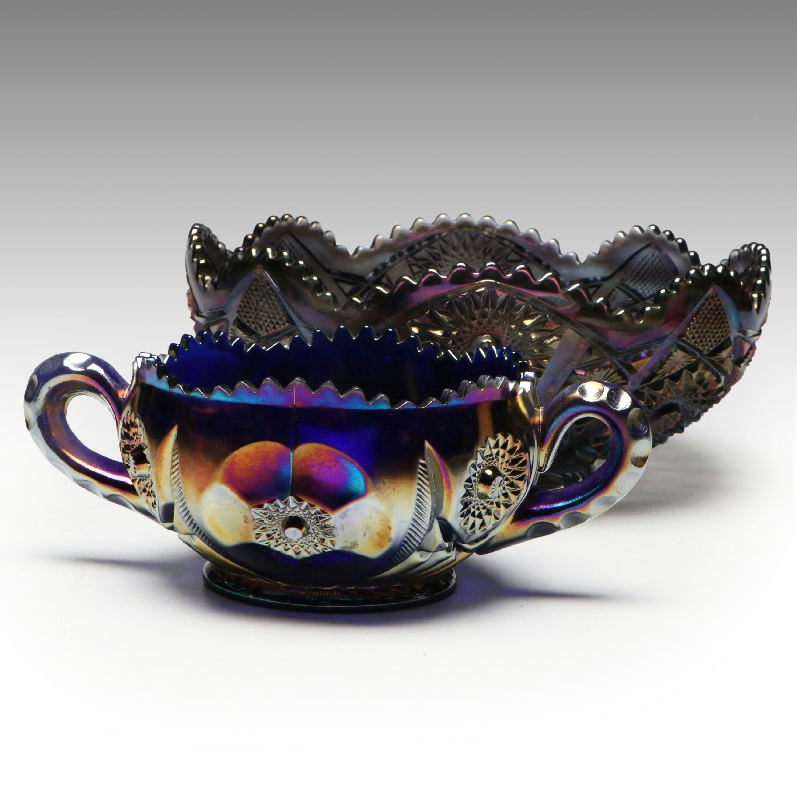 Imperial Sawtooth Rim Carnival Glass Bowl with Other Sugar Bowl