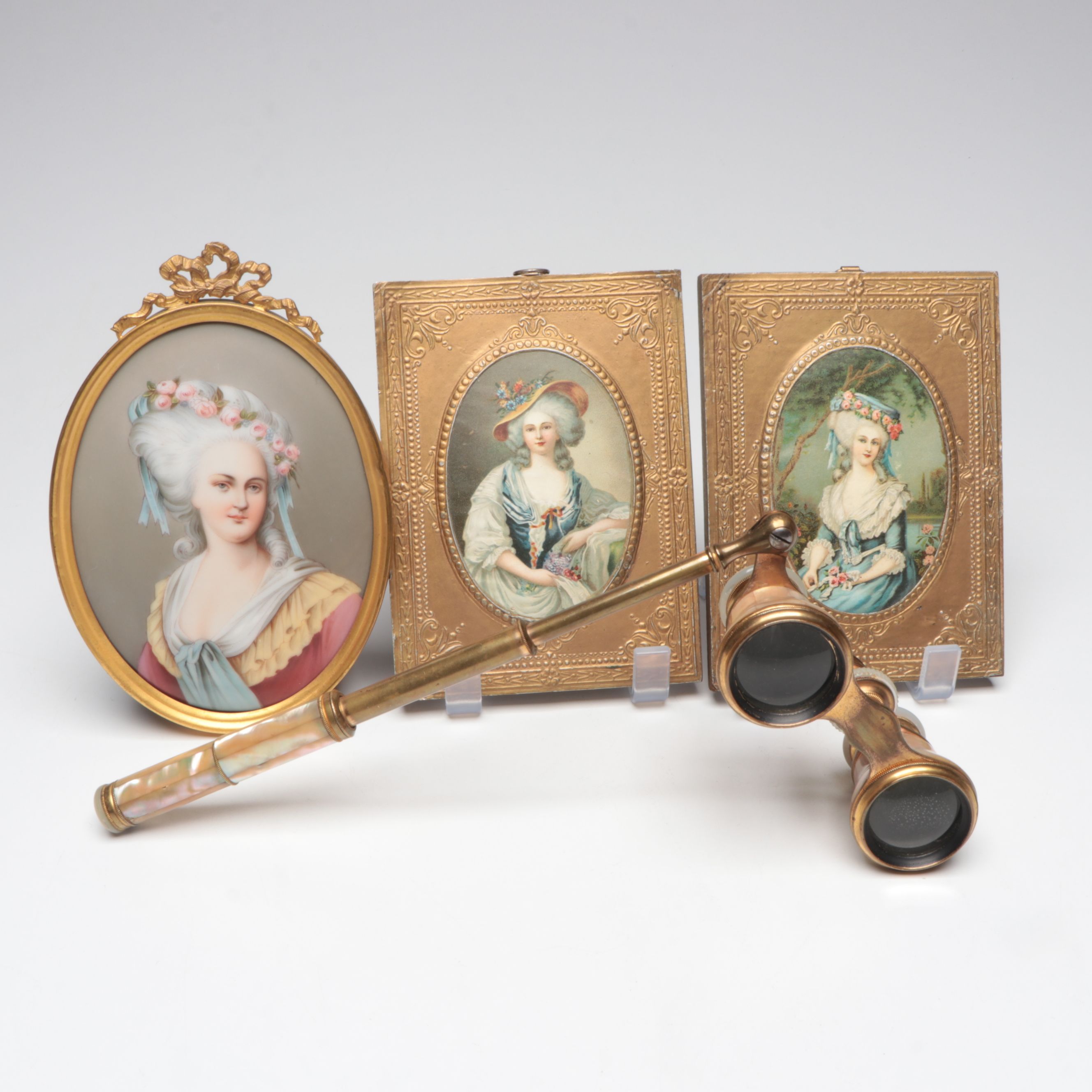 Gurney Bros. Mother of Pearl Lorgnette Opera Glasses with Framed Portraits