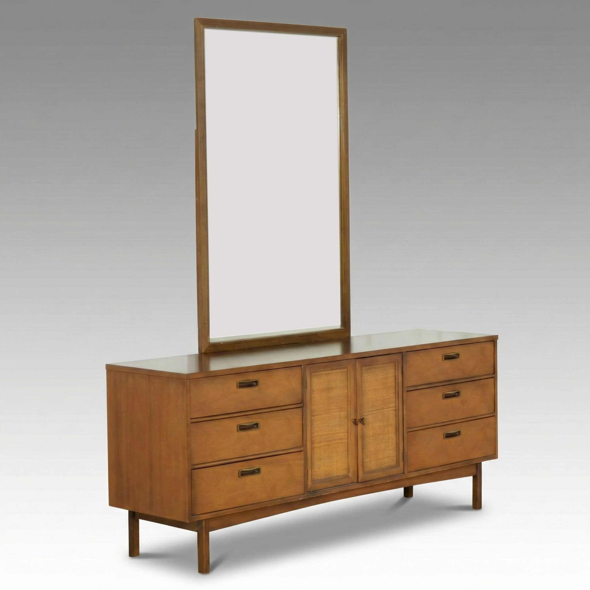 Mid Century Modern Walnut Dresser and Mirror with Cane Finished Doors