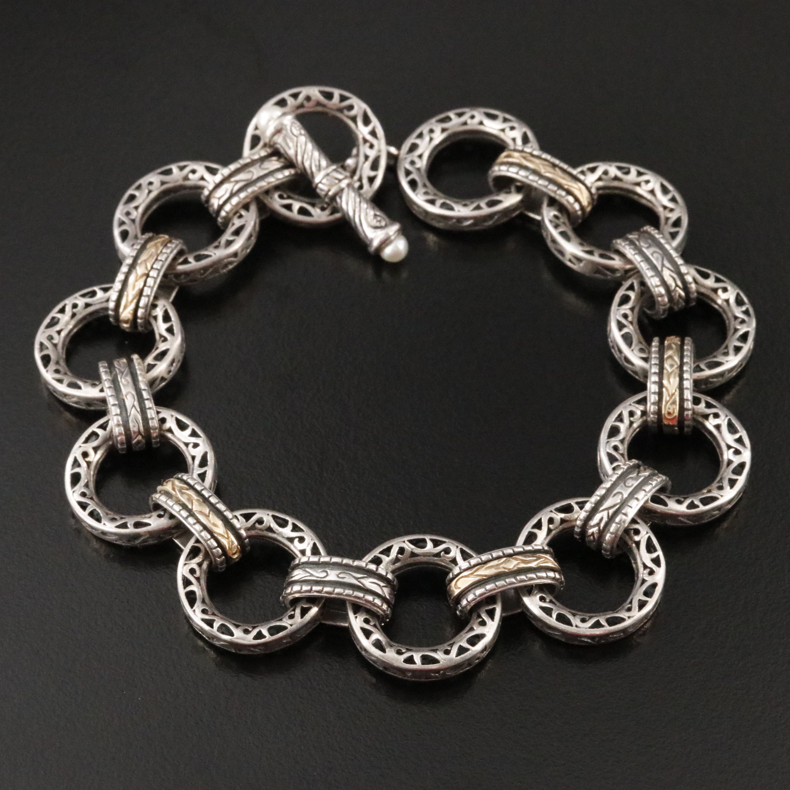 Sterling Round Link Bracelet with 14K Accents and Pearl Toggle Clasp