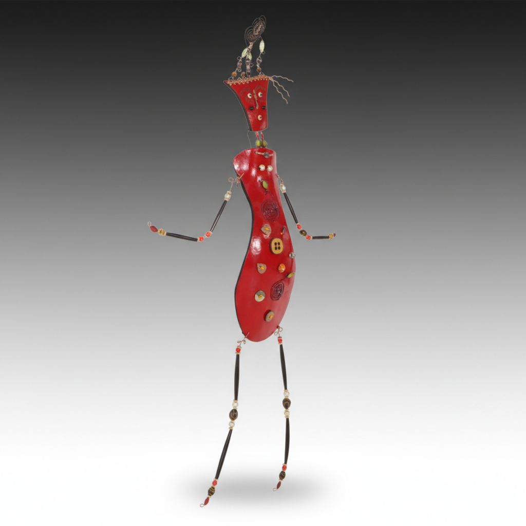 Eclecticist Style Art Wall Hanging Figure Adorned with Buttons and Beads