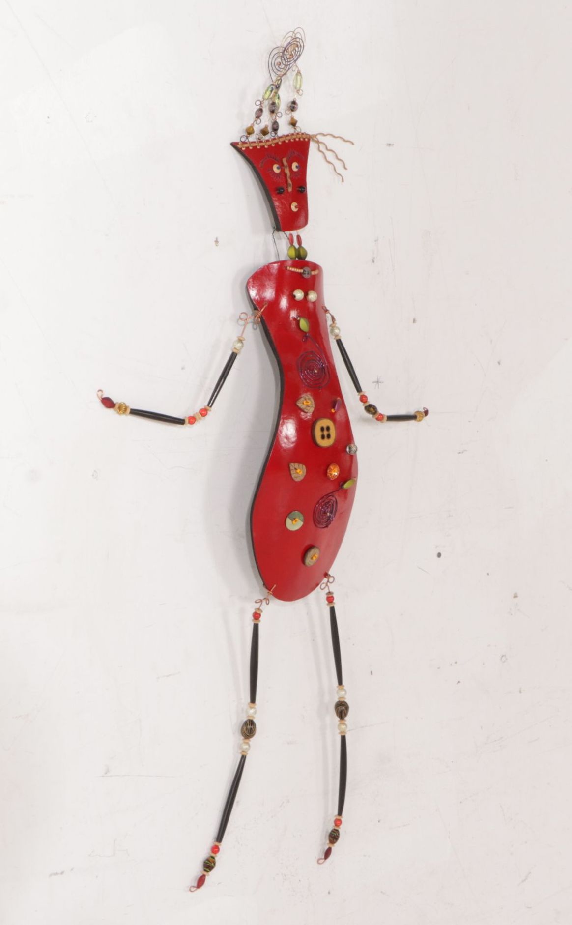 Eclecticist Style Art Wall Hanging Figure Adorned with Buttons and Beads