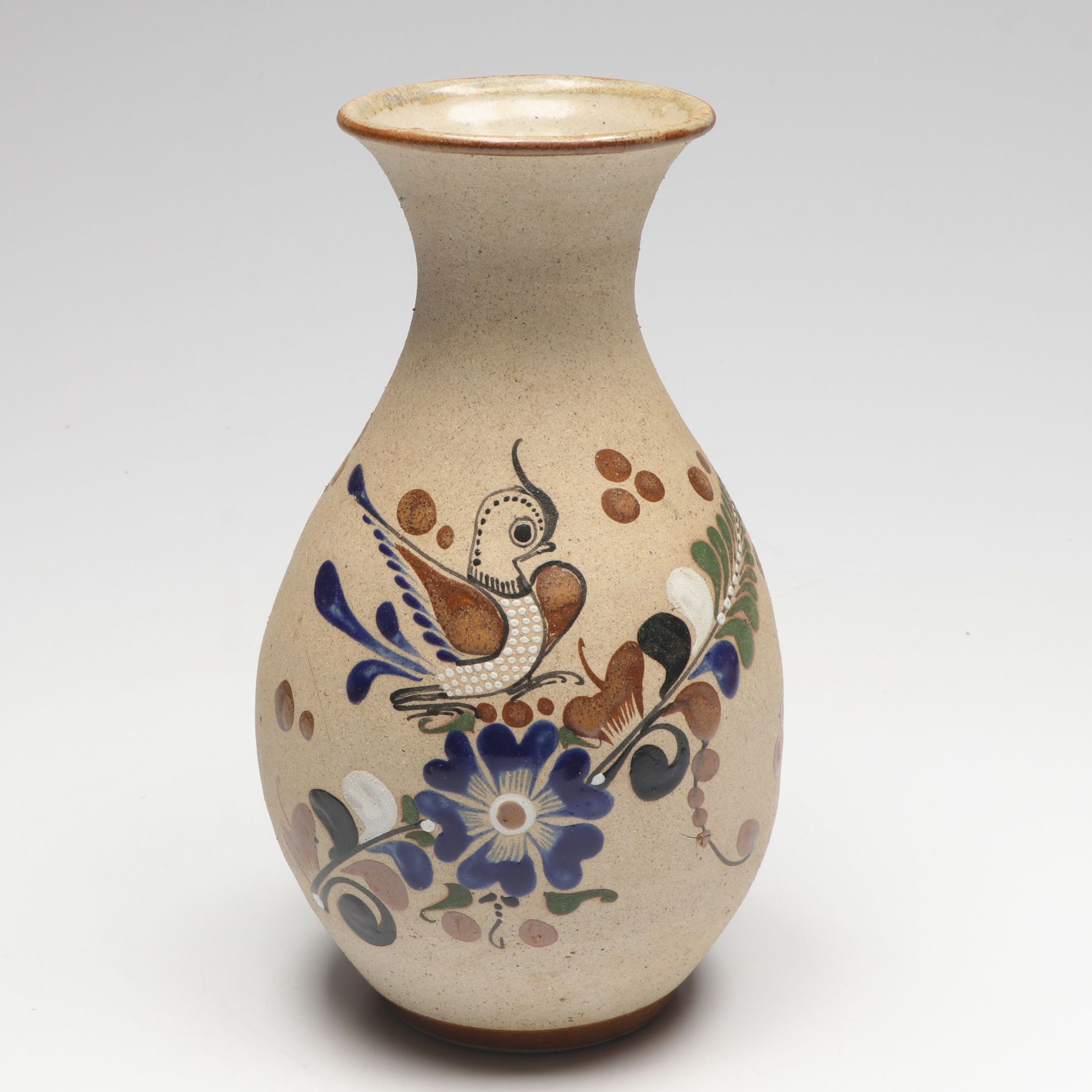 Mexican Tonala Hand-Painted Bird and Floral Motif Stoneware Vase