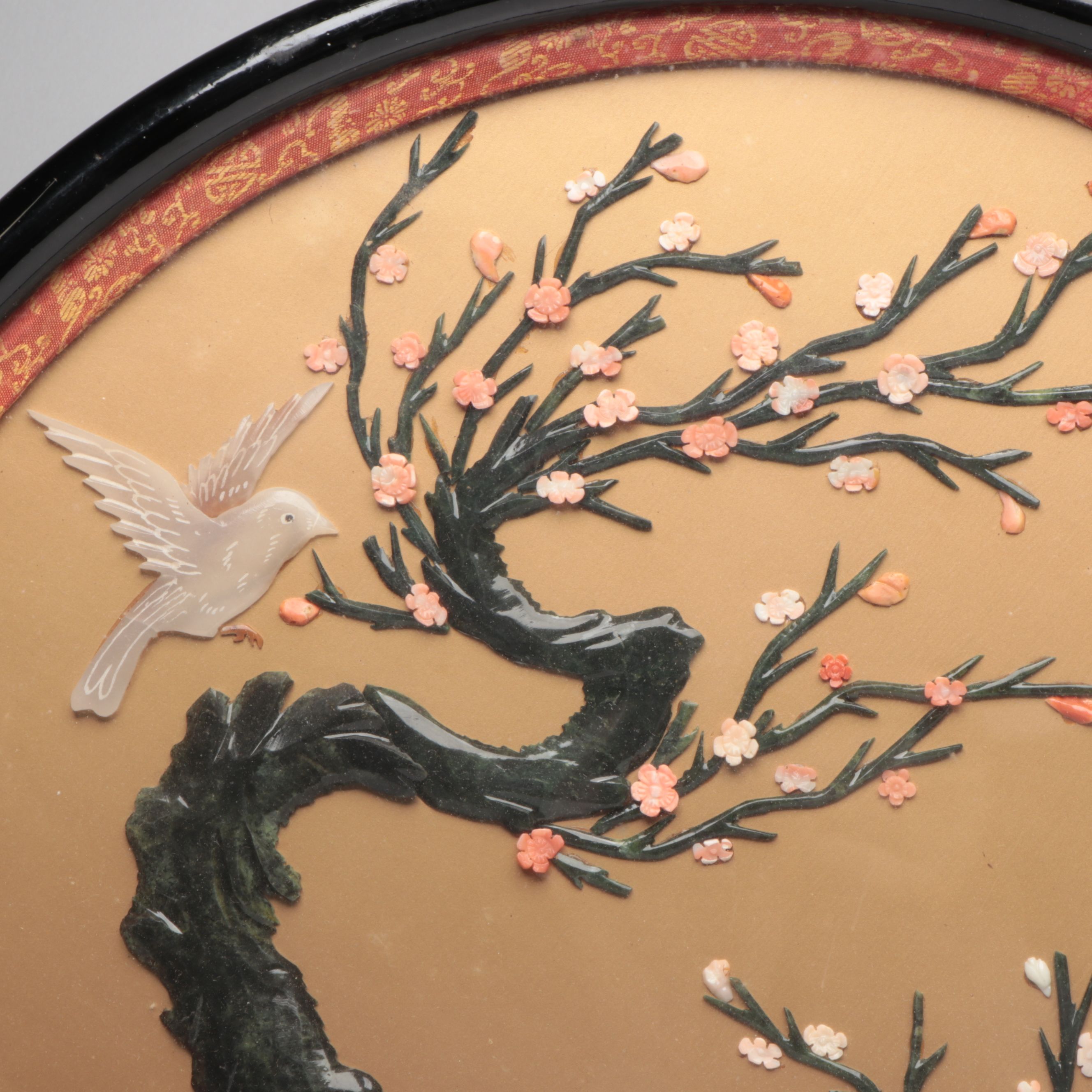 Chinese Inlaid Serpentine, Coral and Chalcedony Huaniaohua Wall Plaques