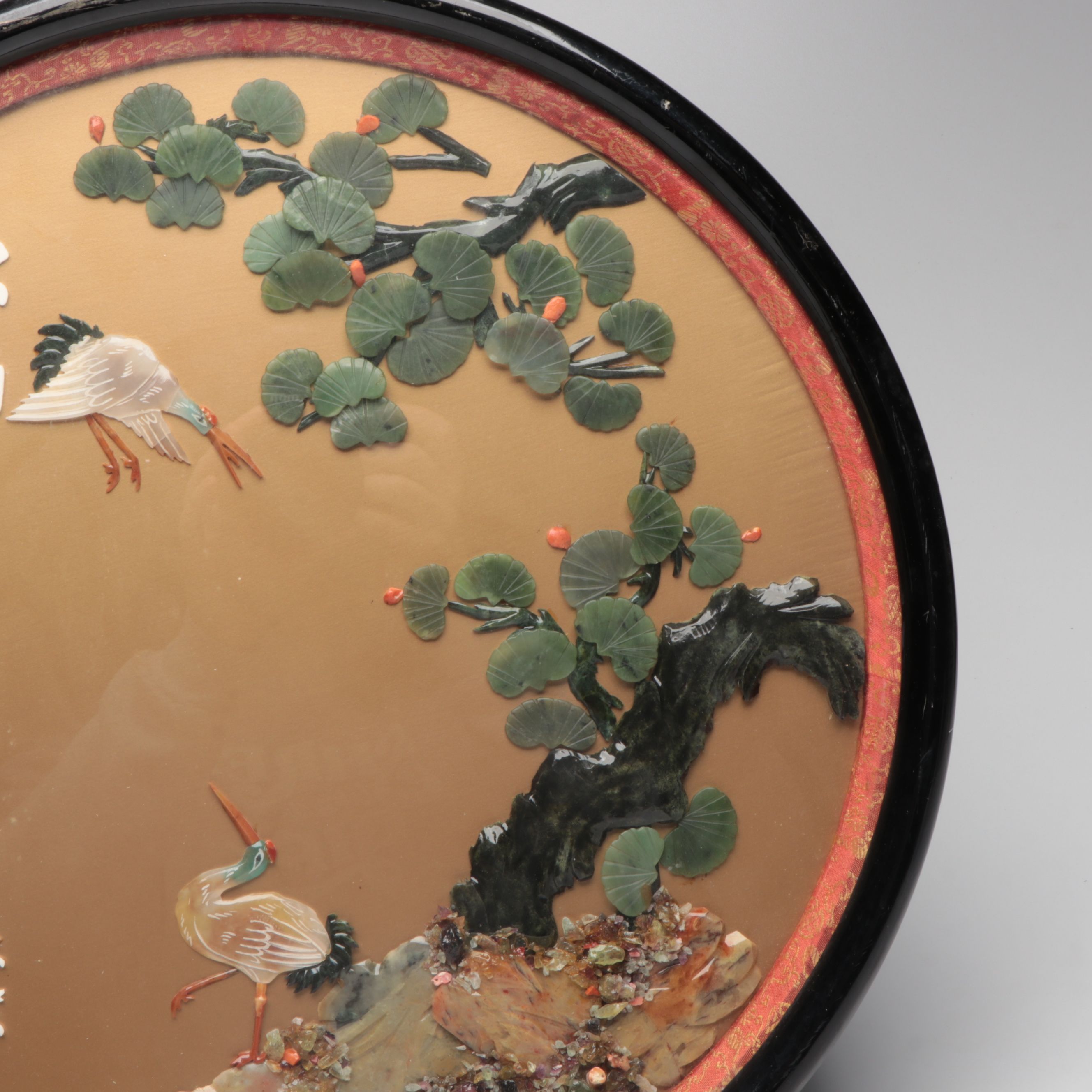 Chinese Inlaid Serpentine, Coral and Chalcedony Huaniaohua Wall Plaques