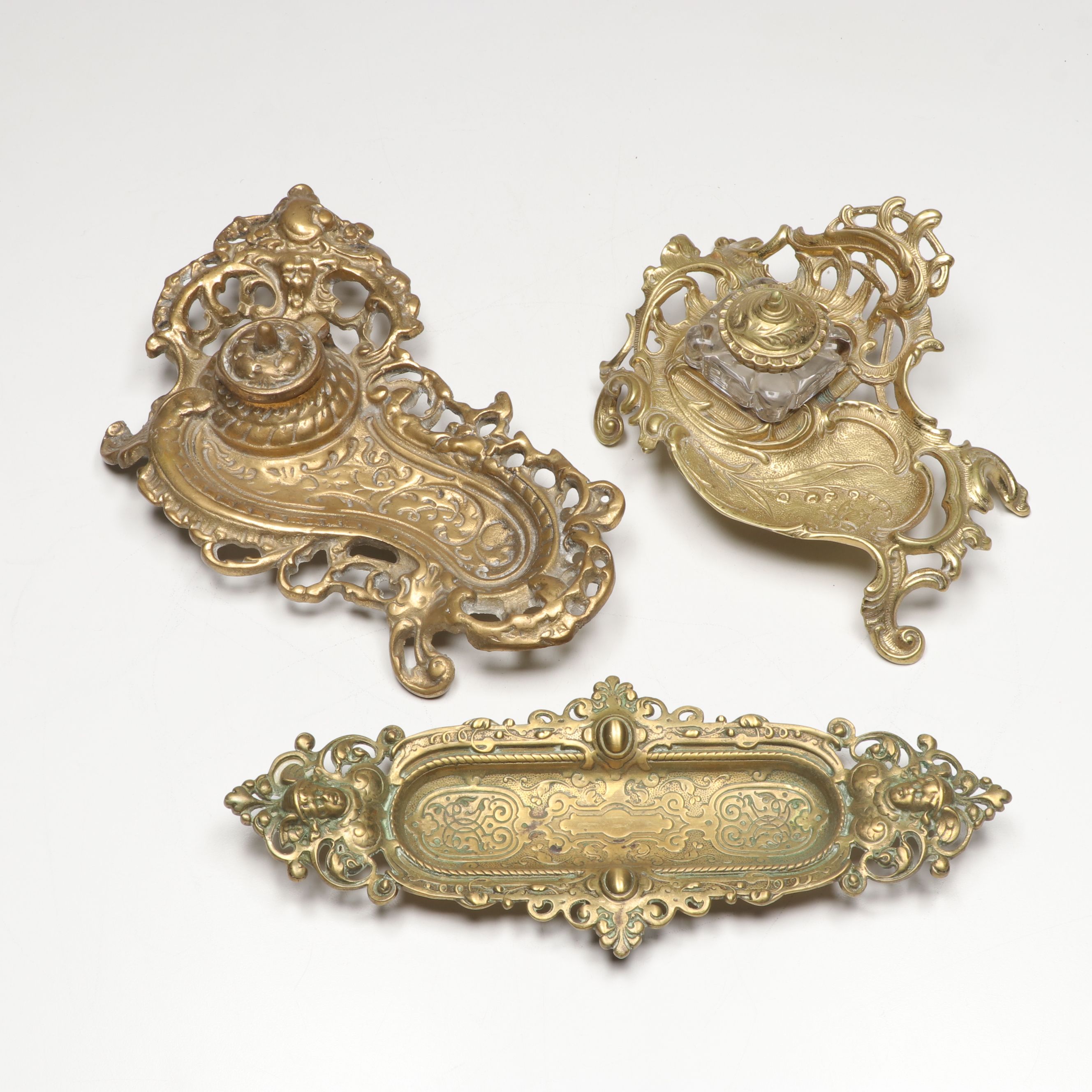 Virginia Metalcrafters Brass Inkwell with Other Vintage Inkwell and Pen Tray