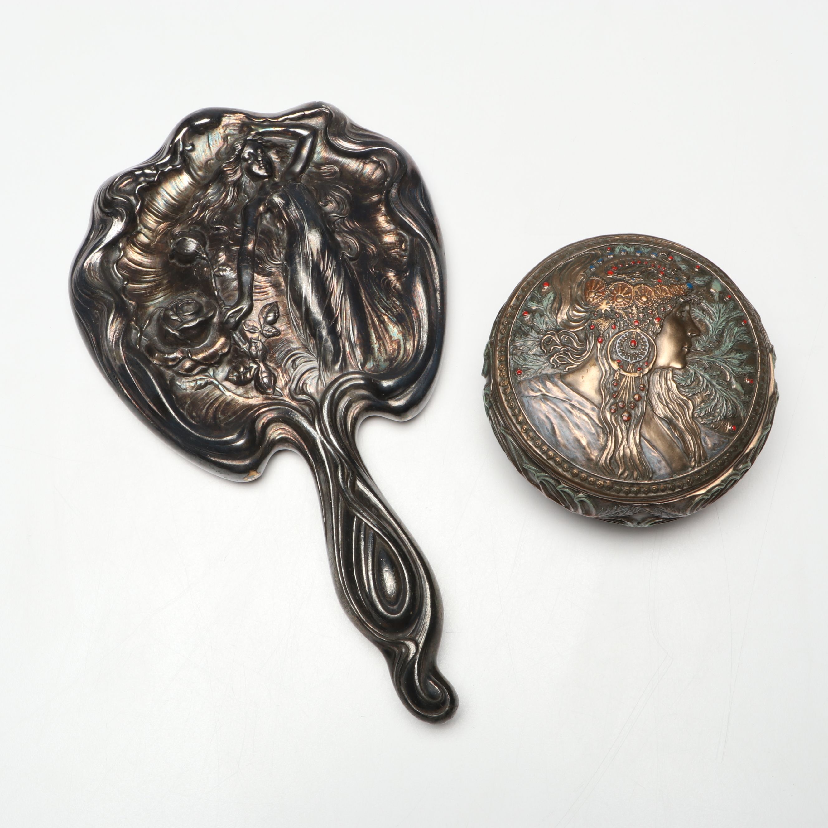 Veronese After Alphonse Mucha Art Nouveau Style Jewelry Box with Hand Mirror