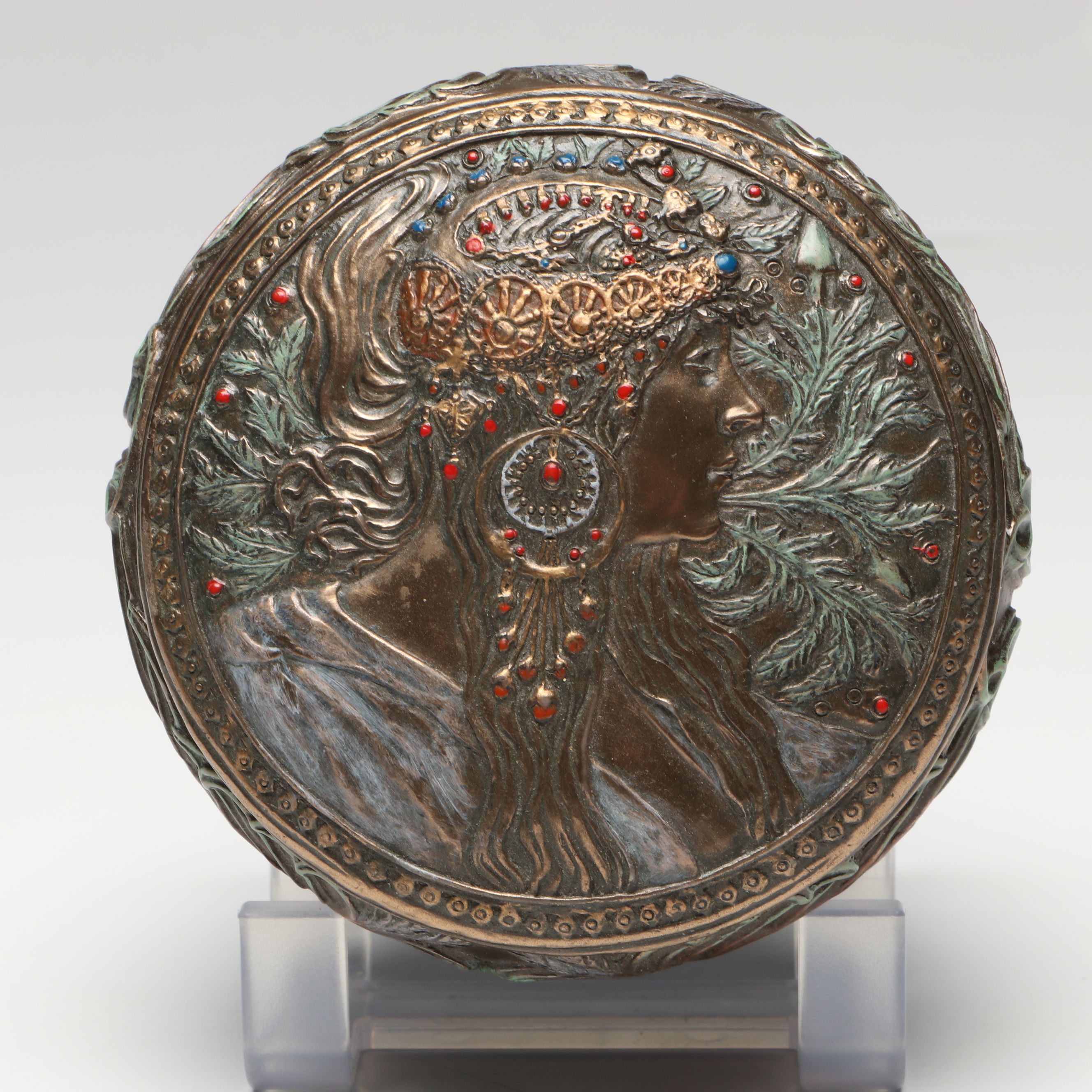 Veronese After Alphonse Mucha Art Nouveau Style Jewelry Box with Hand Mirror