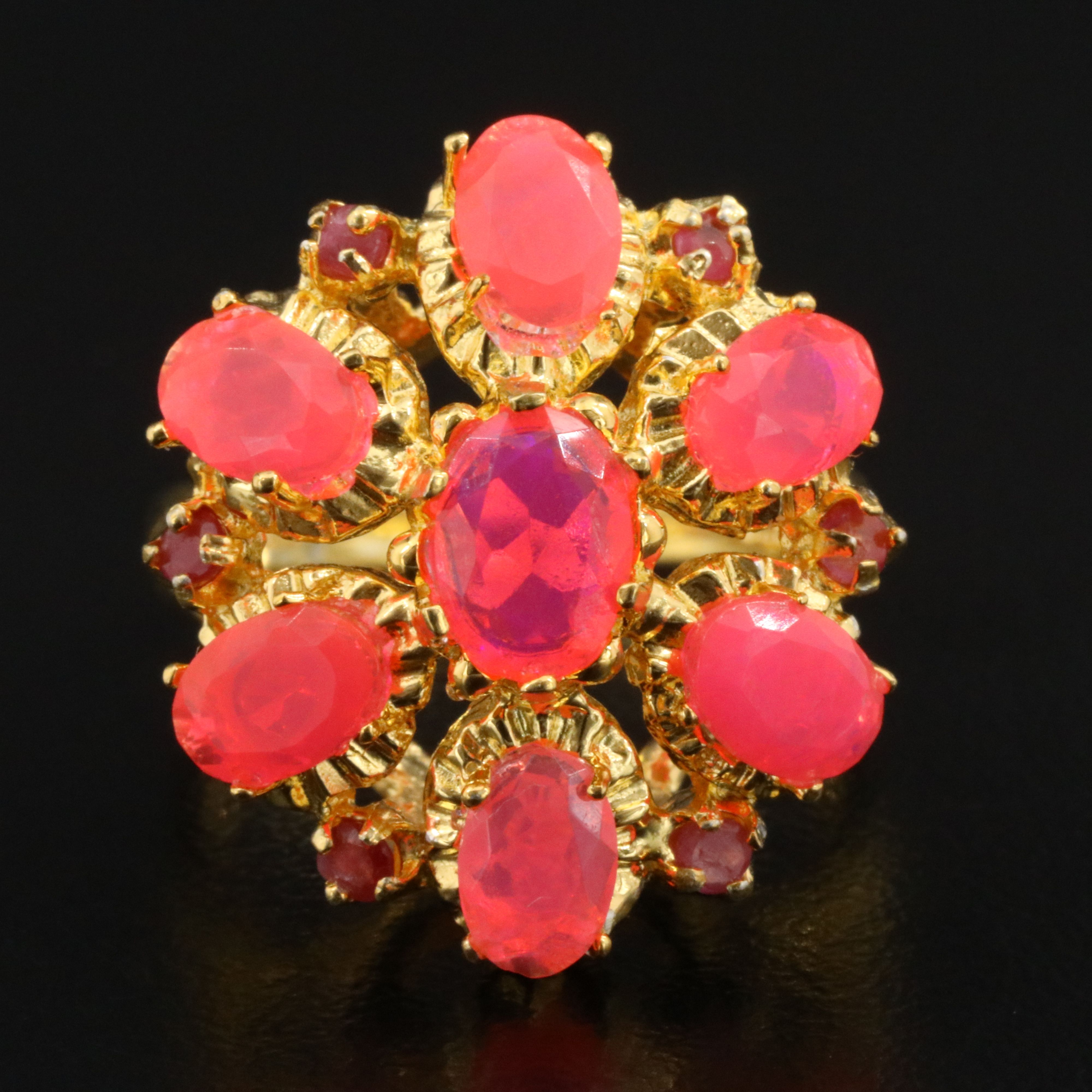 Sterling Opal and Ruby Floral Ring