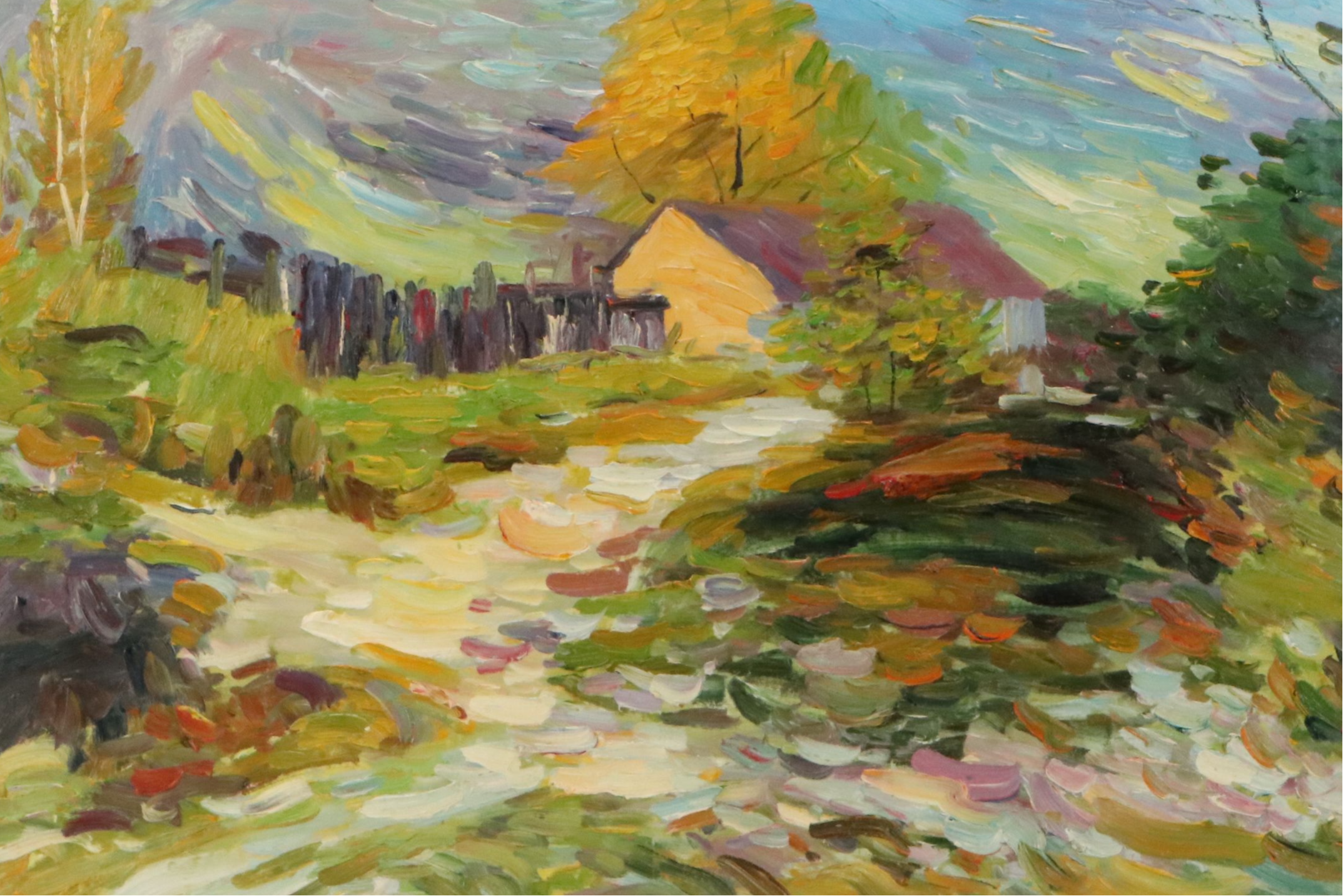 Impressionist Style Acrylic Painting of Rural Scene, Late 20th Century