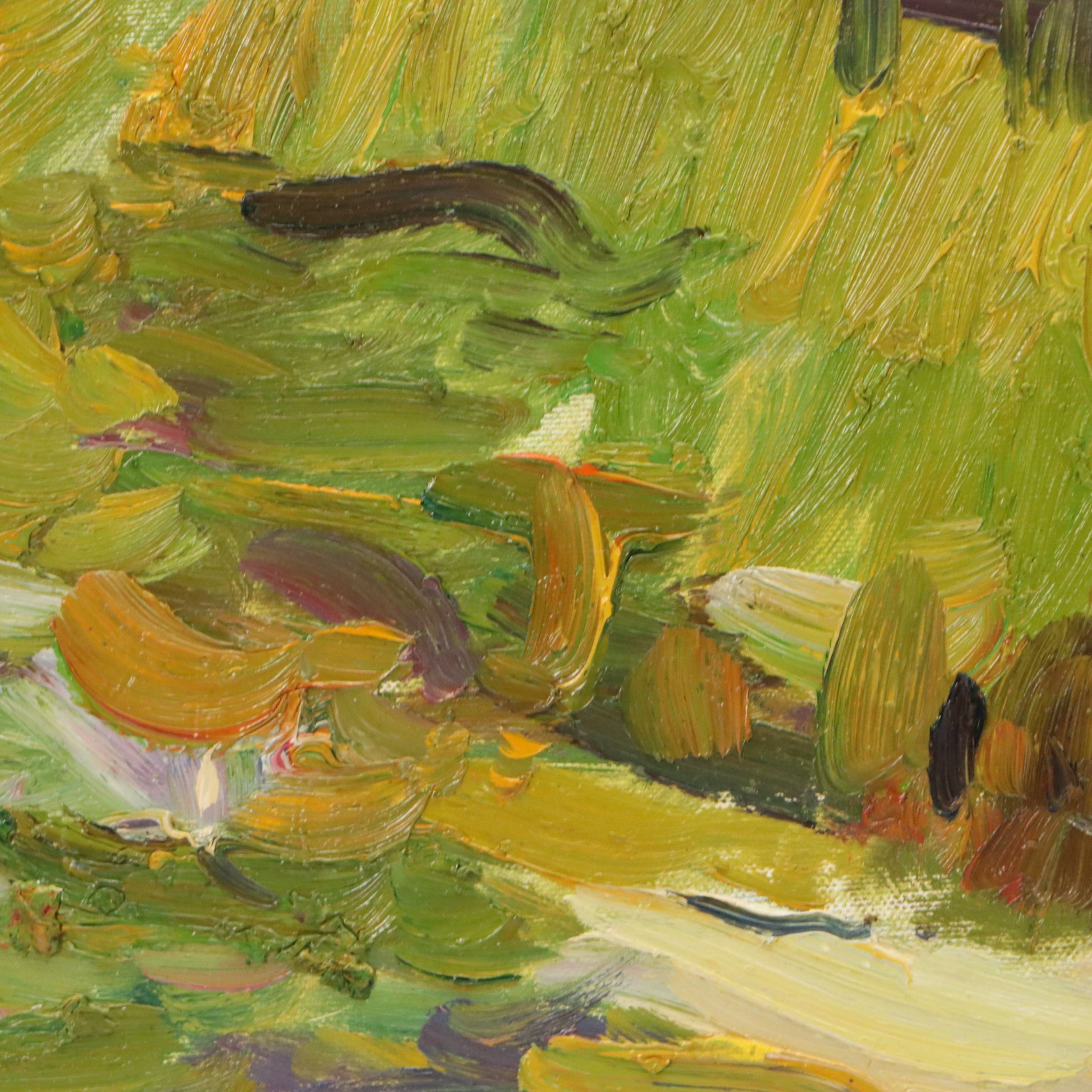 Impressionist Style Acrylic Painting of Rural Scene, Late 20th Century