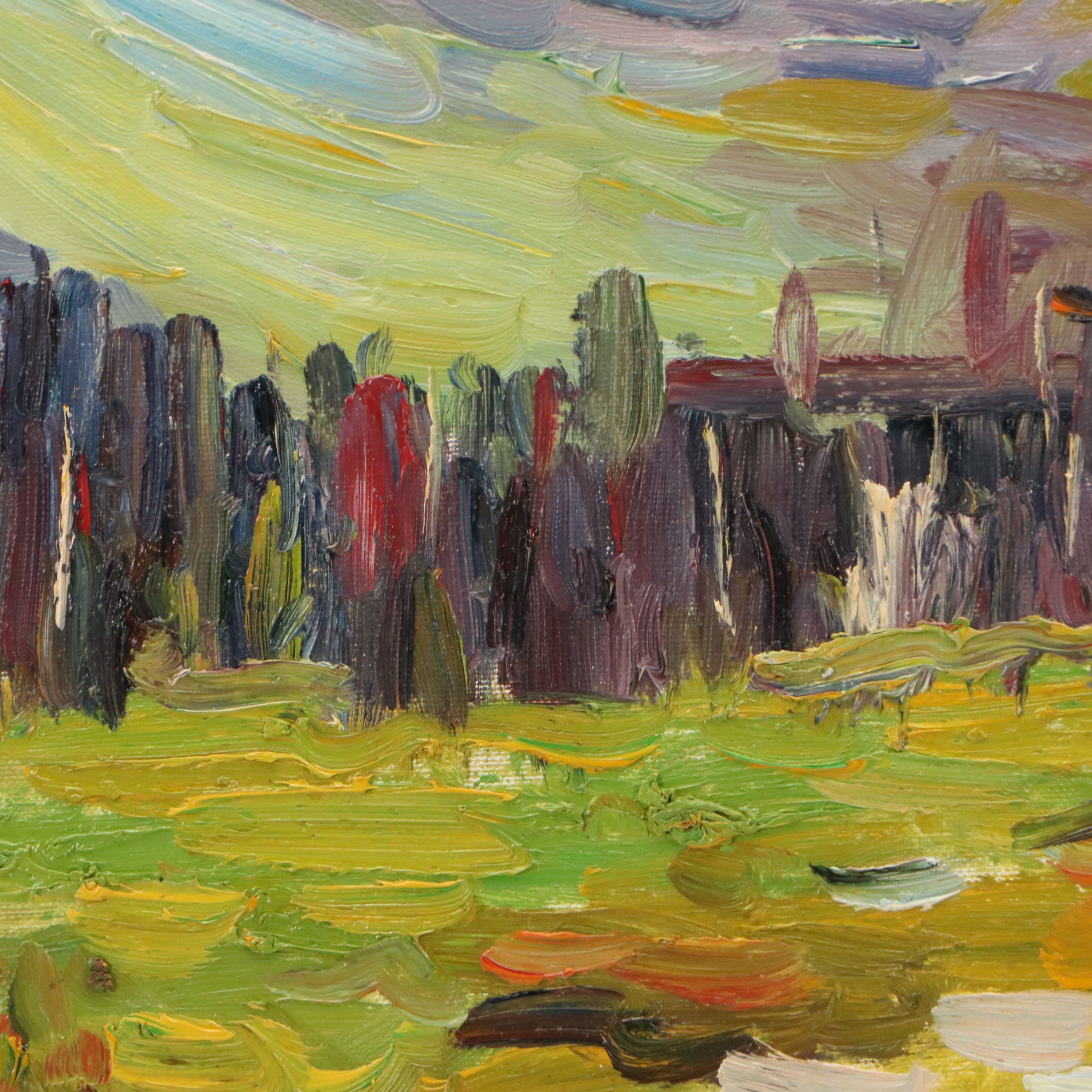 Impressionist Style Acrylic Painting of Rural Scene, Late 20th Century