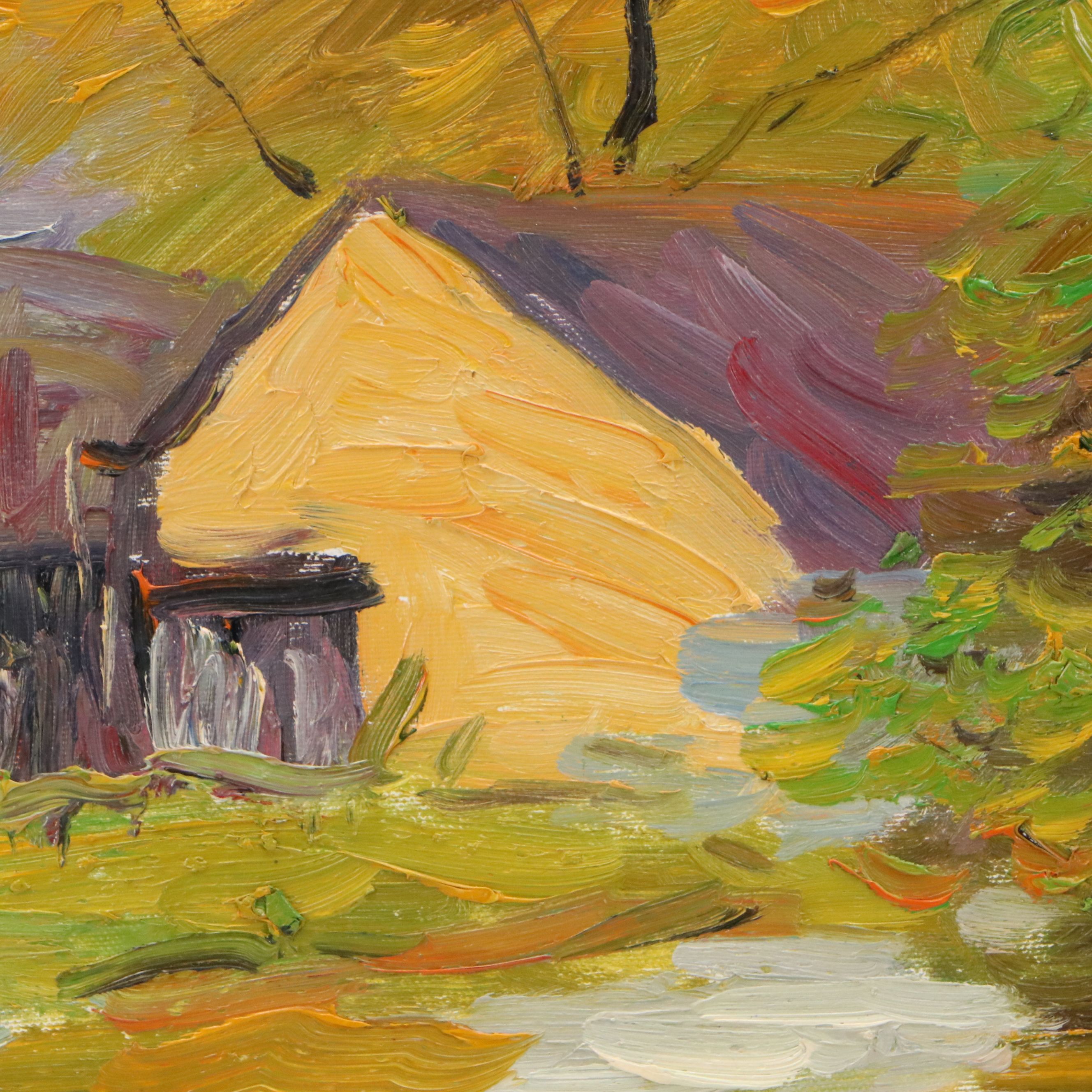 Impressionist Style Acrylic Painting of Rural Scene, Late 20th Century
