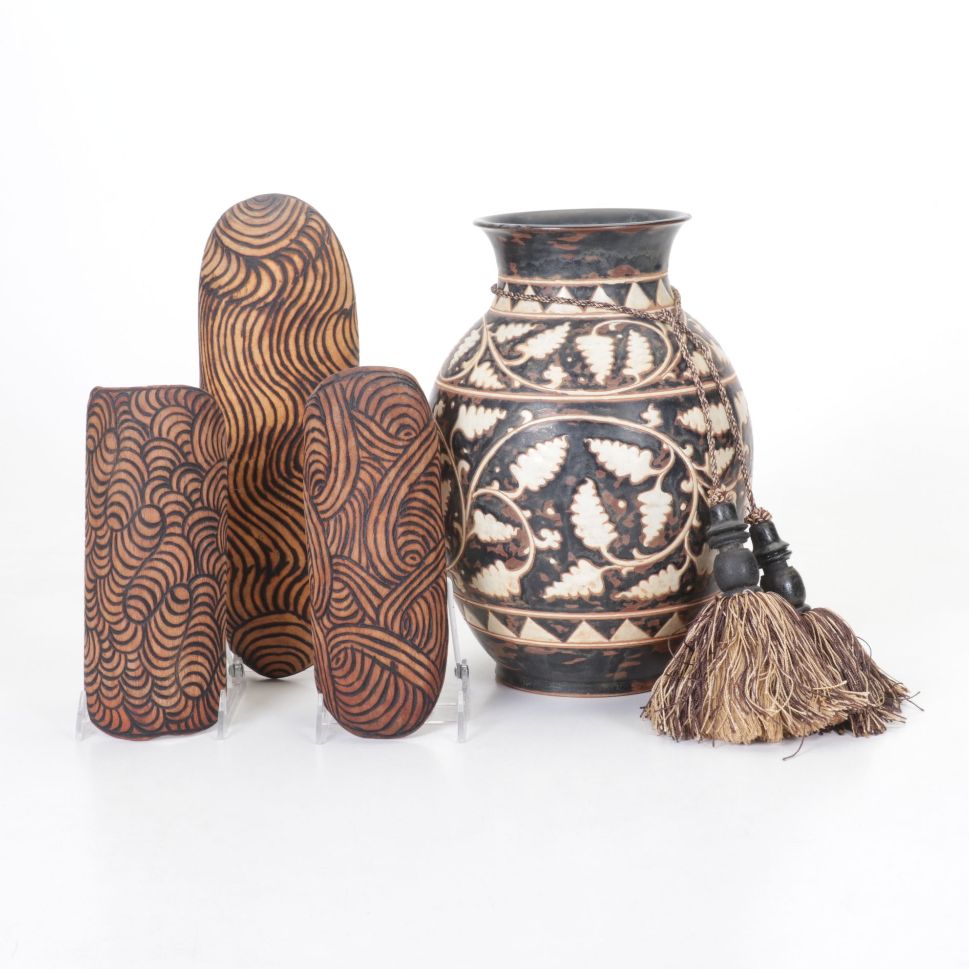 Aboriginal Australian Pokerwork Coolamons and Large Vase