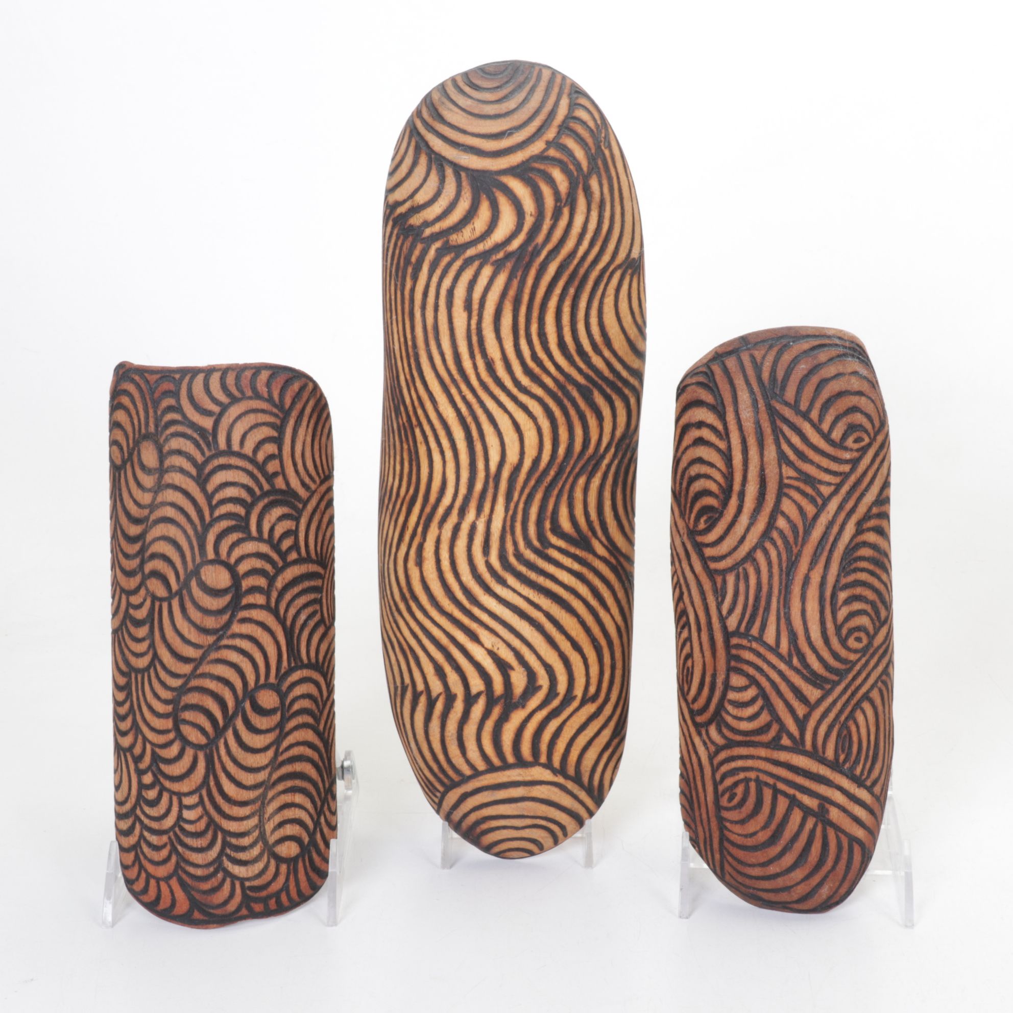 Aboriginal Australian Pokerwork Coolamons and Large Vase