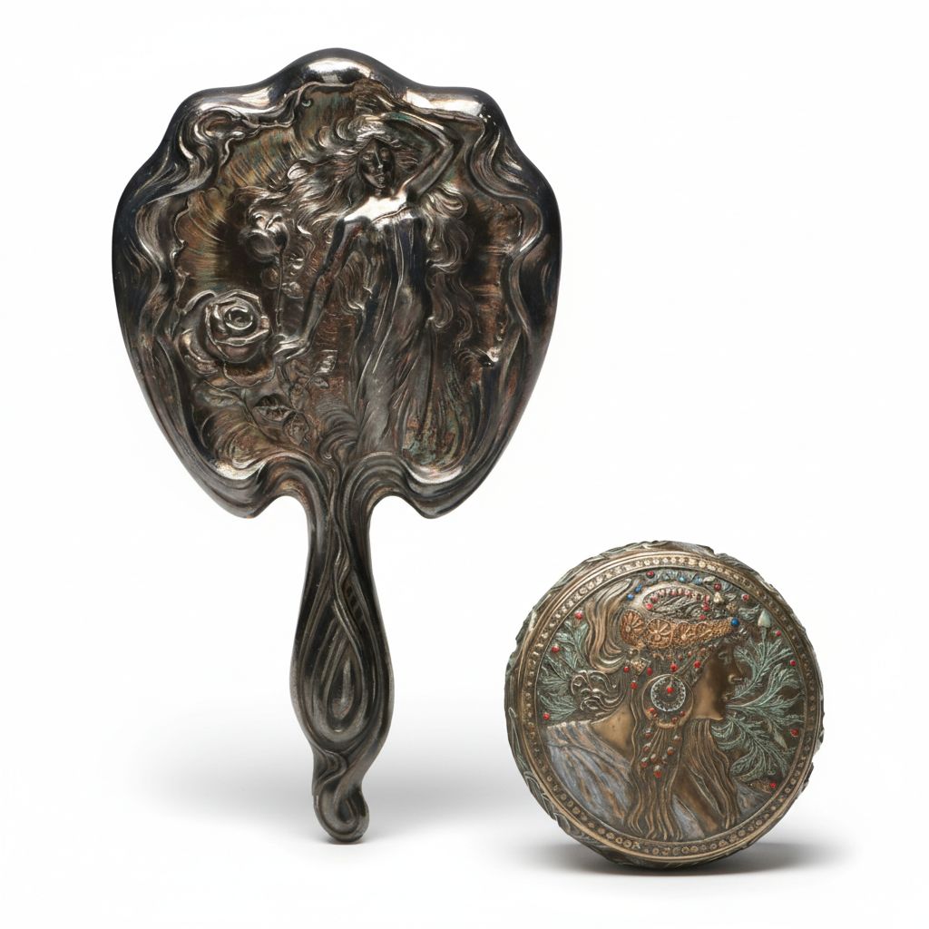 Veronese After Alphonse Mucha Art Nouveau Style Jewelry Box with Hand Mirror