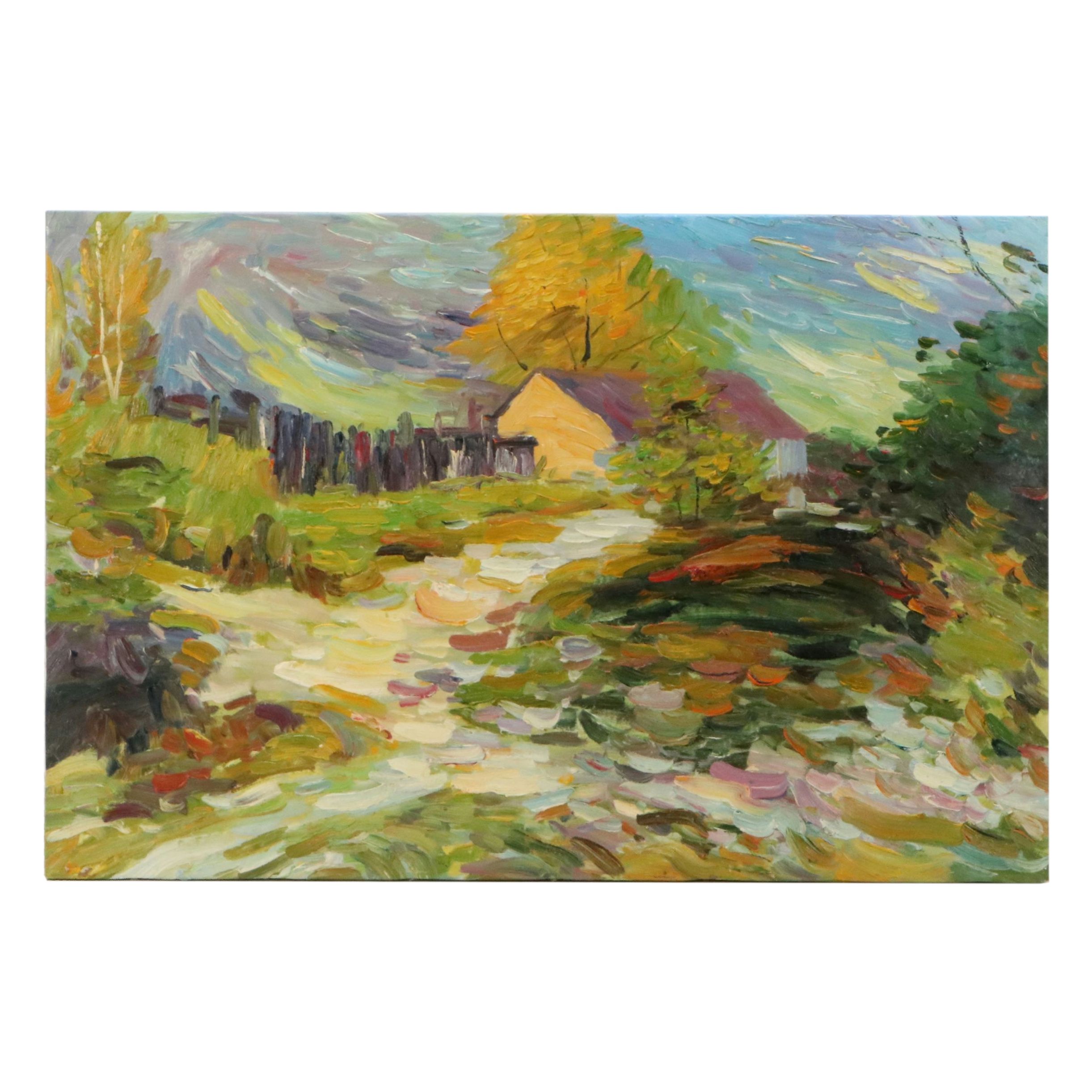 Impressionist Style Acrylic Painting of Rural Scene, Late 20th Century