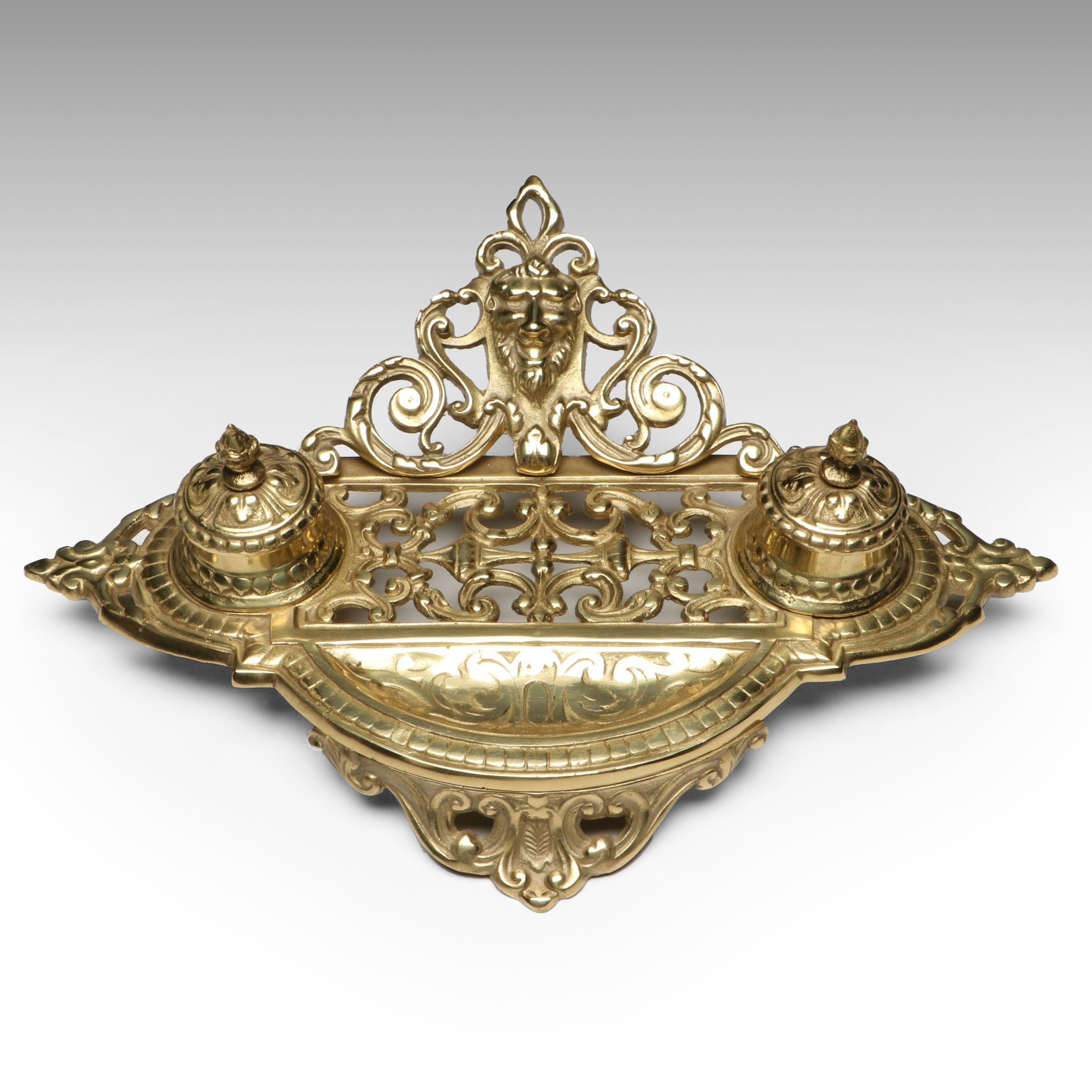 Rococo Revival Gilt Brass Openwork Lion Head Double Inkwell