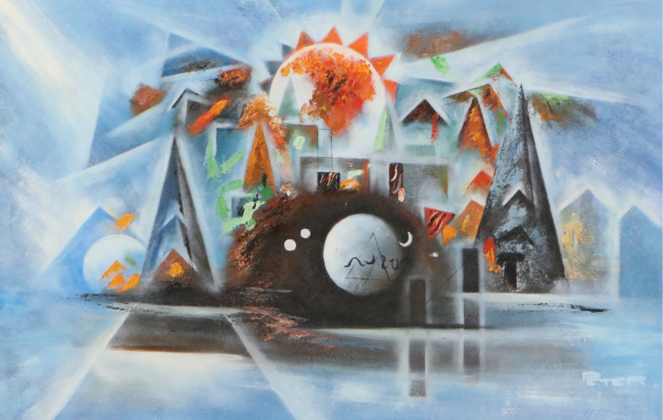 Surrealistic Geometric Acrylic Painting, 21st Century