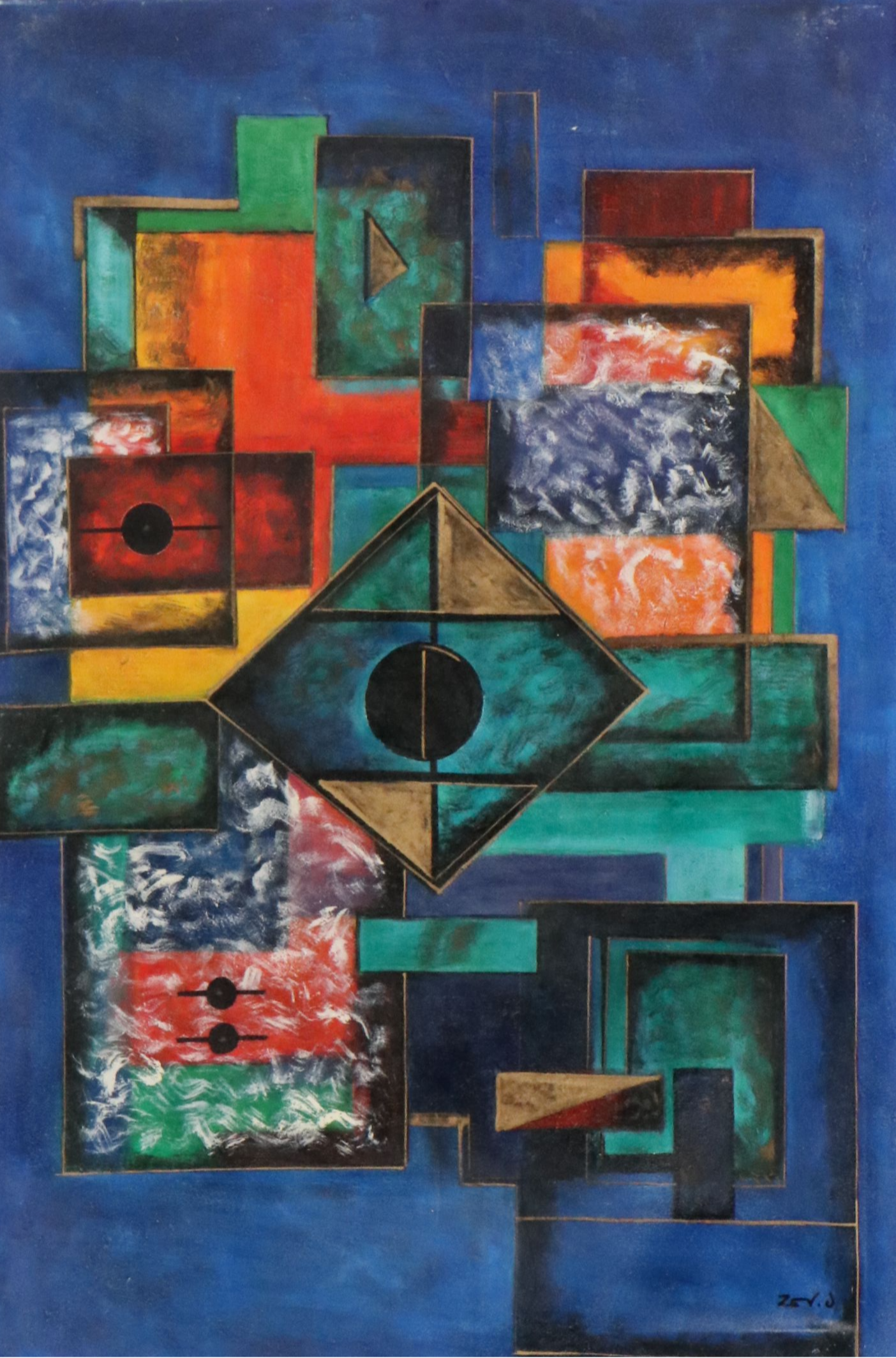 Blue Geometric Acrylic Painting, 21st Century