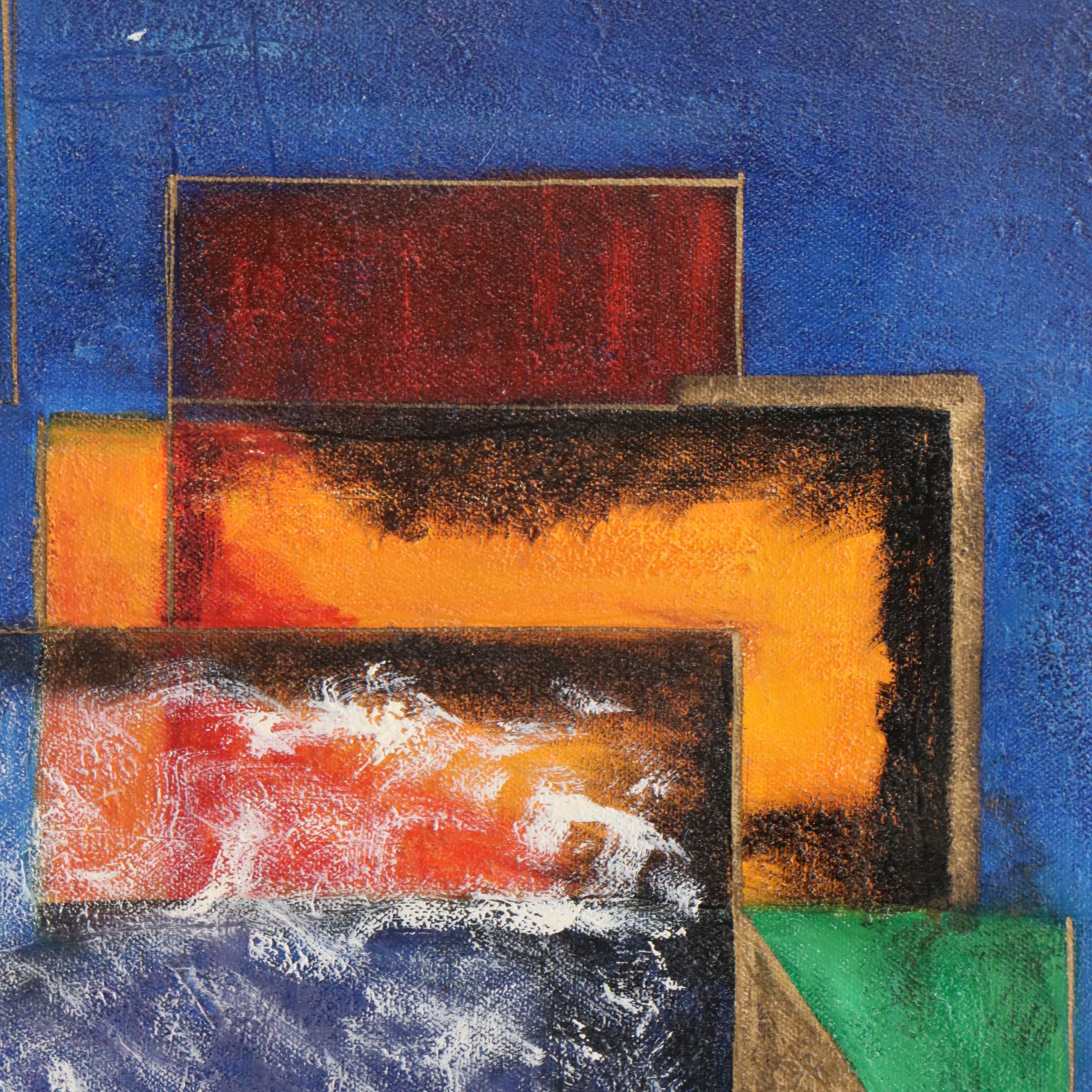 Blue Geometric Acrylic Painting, 21st Century