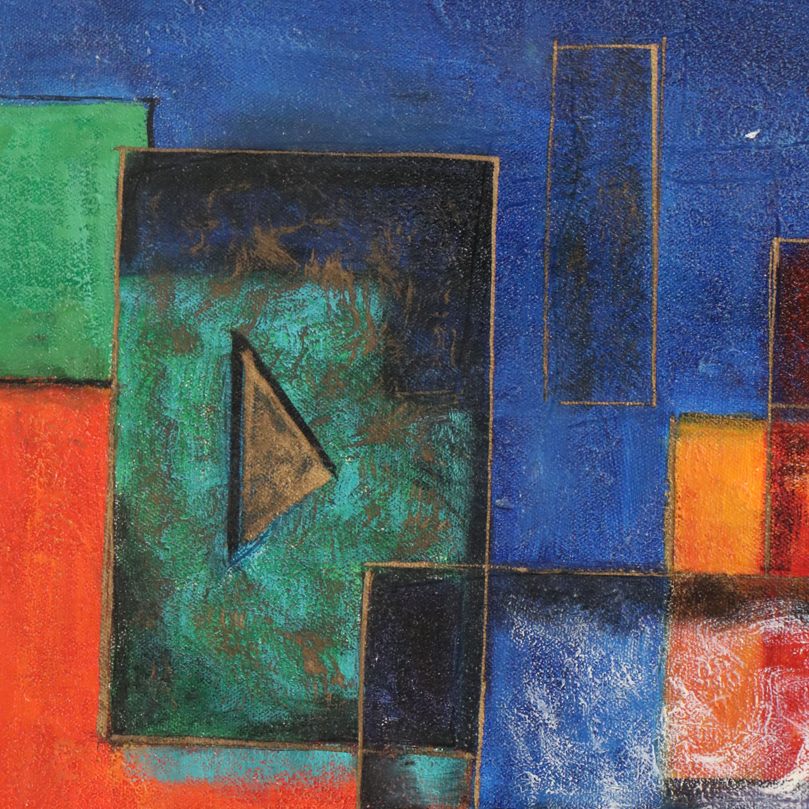 Blue Geometric Acrylic Painting, 21st Century