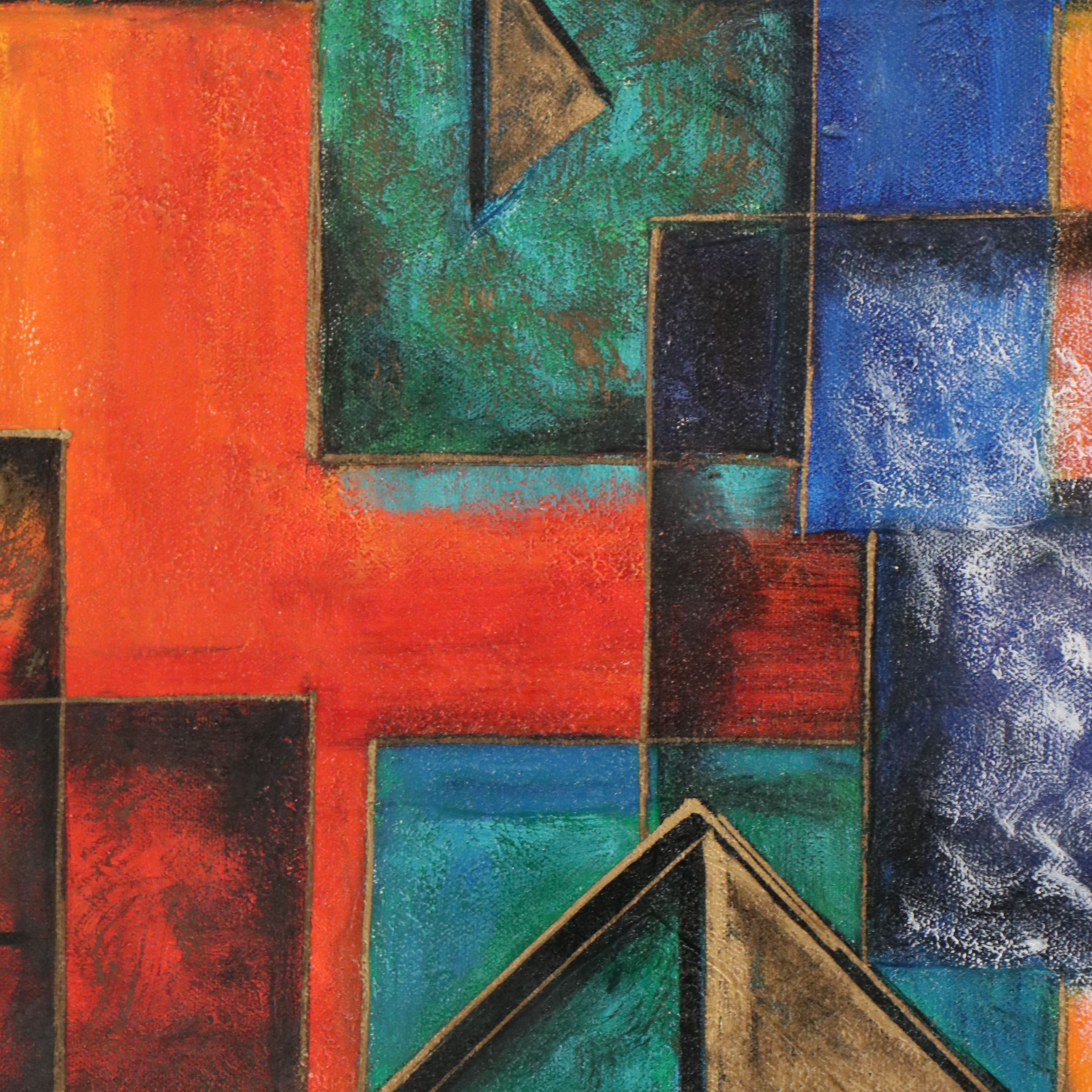 Blue Geometric Acrylic Painting, 21st Century