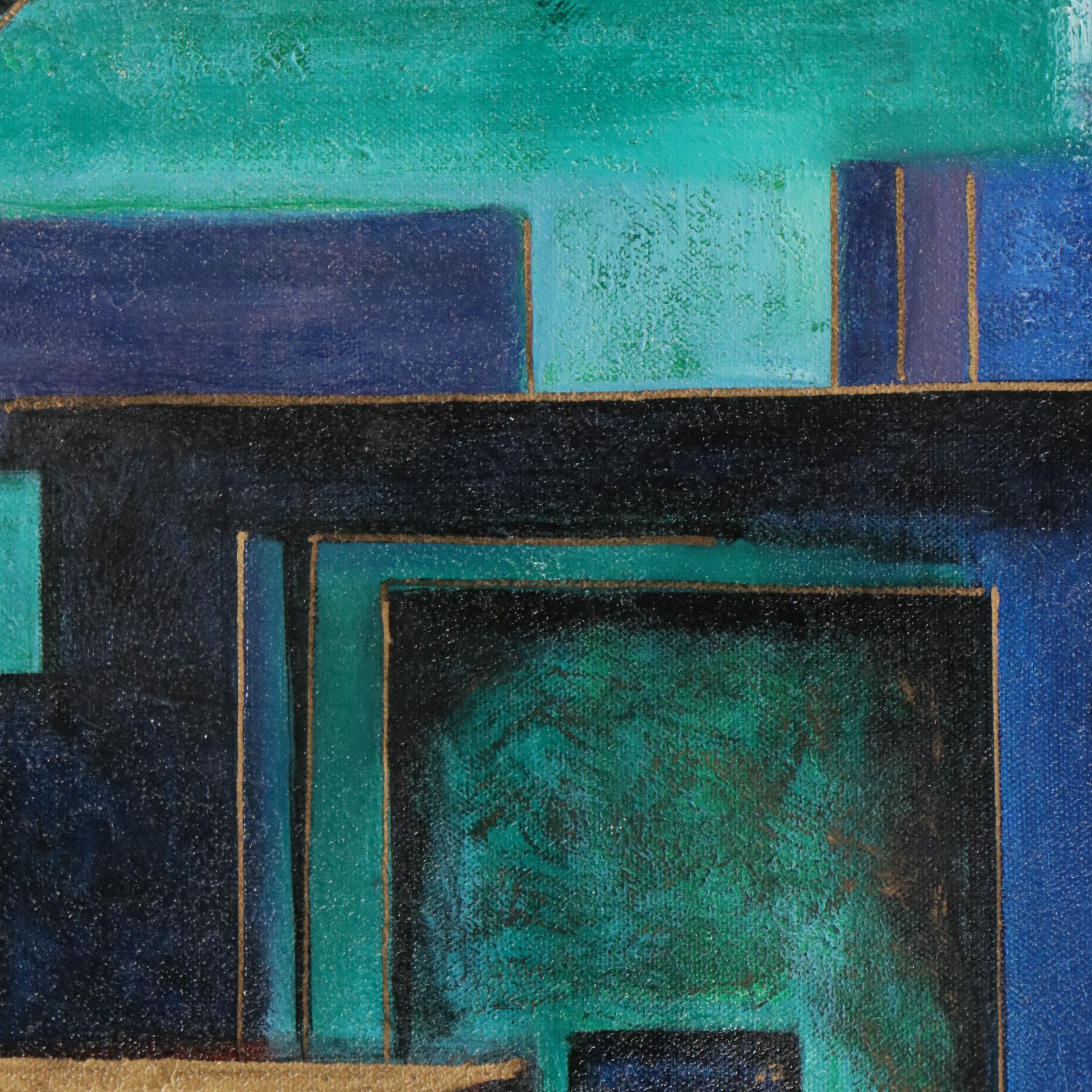 Blue Geometric Acrylic Painting, 21st Century