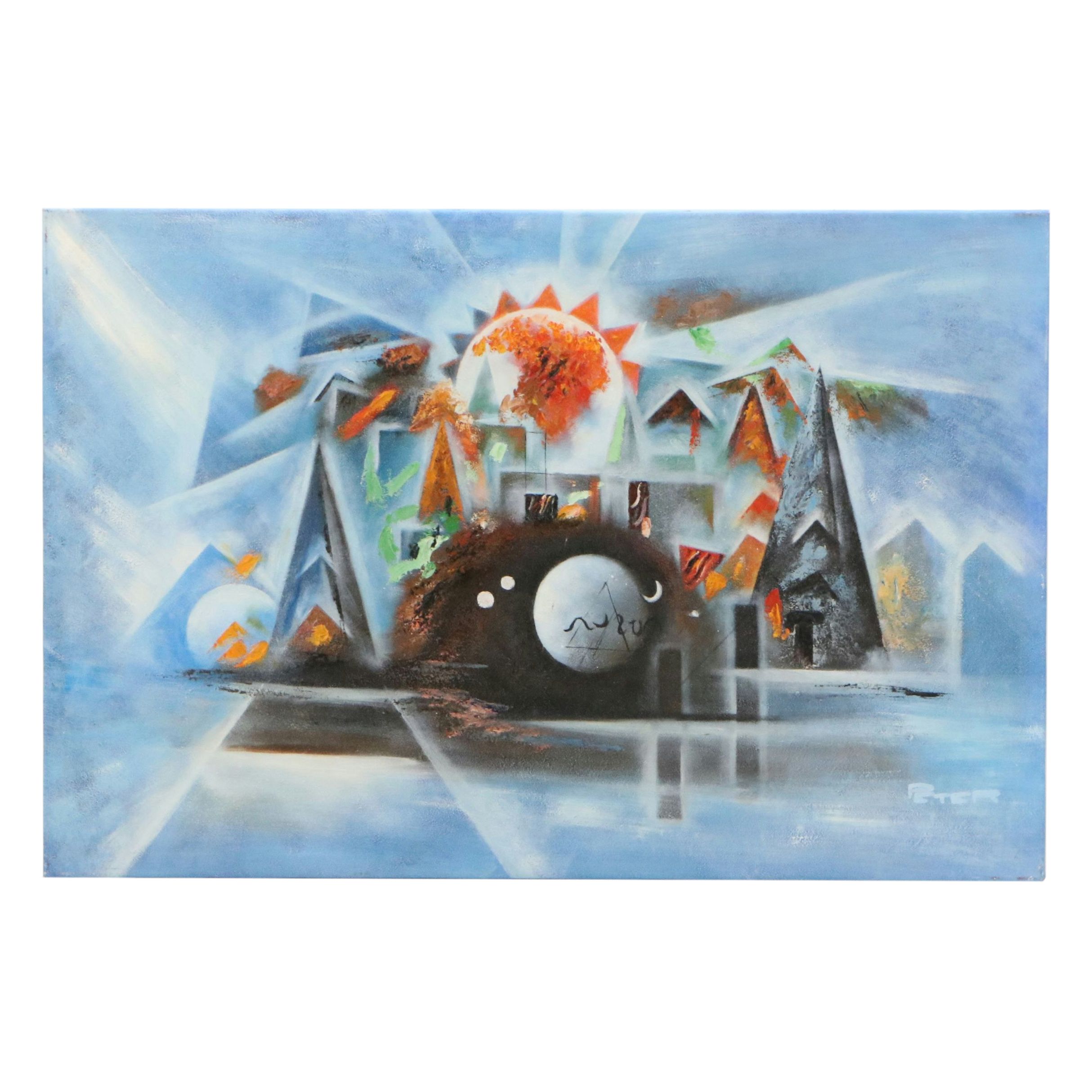 Surrealistic Geometric Acrylic Painting, 21st Century