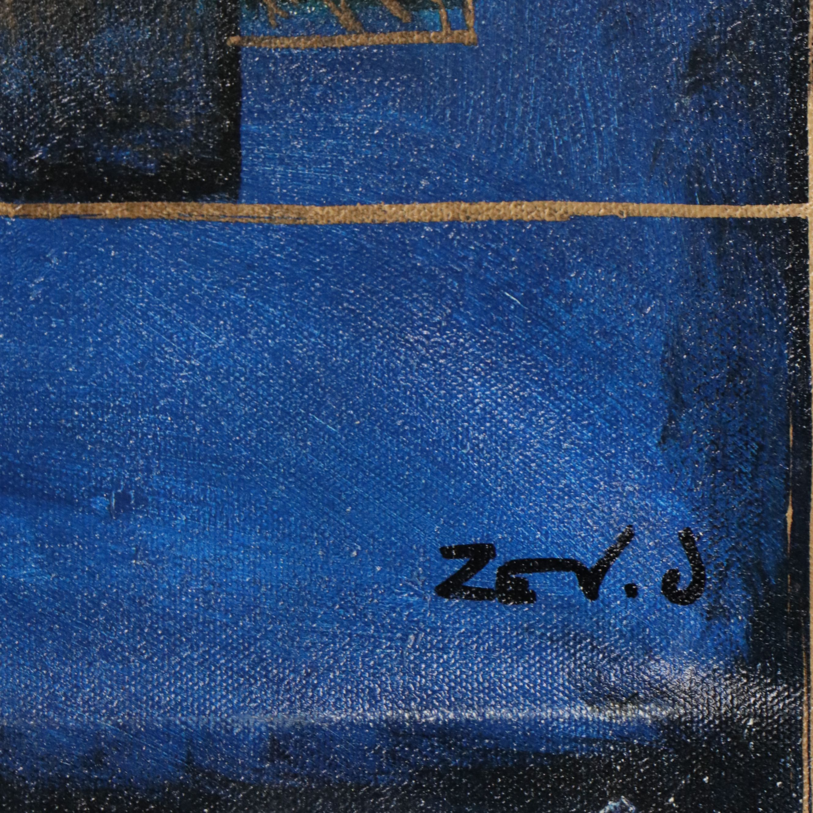 Blue Geometric Acrylic Painting, 21st Century