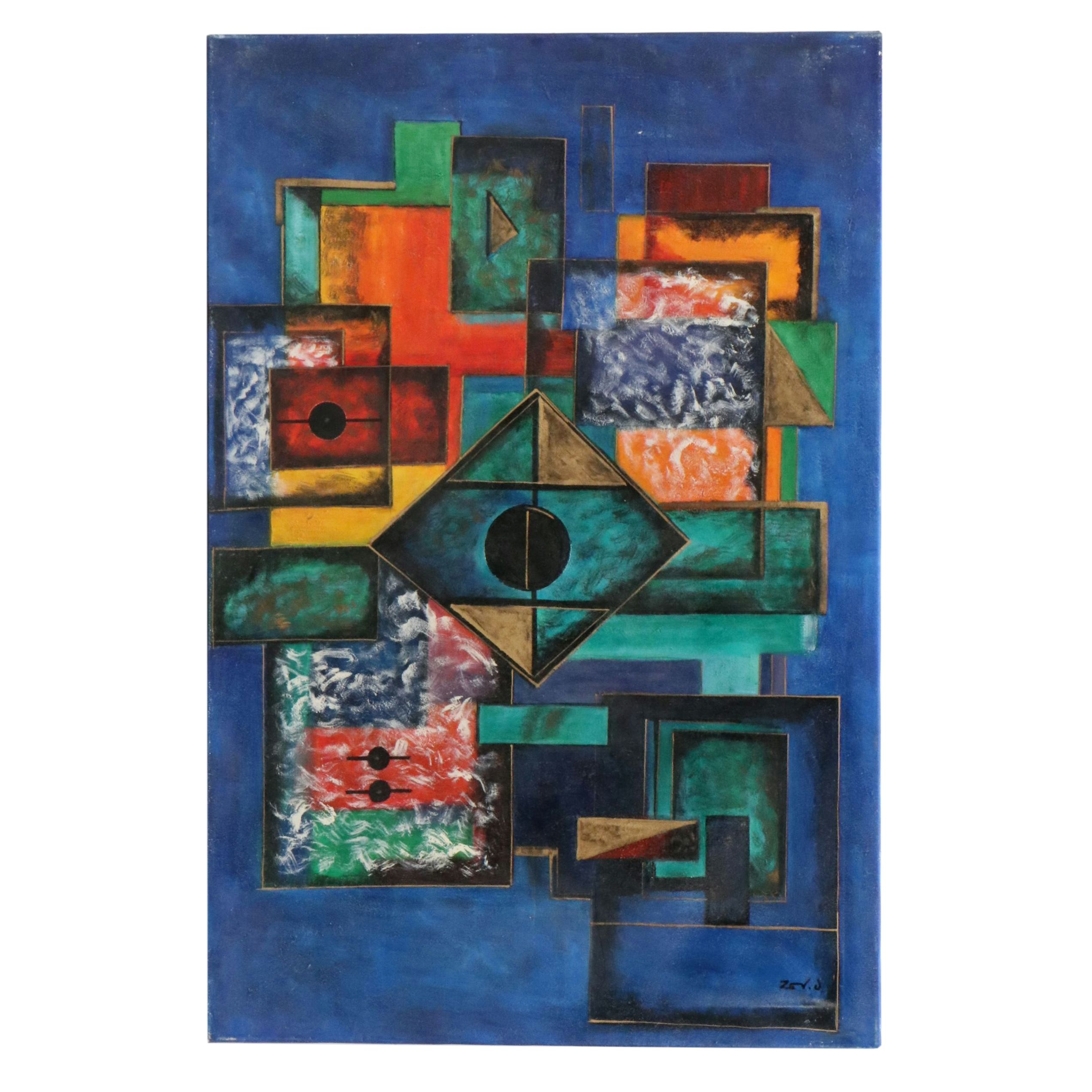 Blue Geometric Acrylic Painting, 21st Century