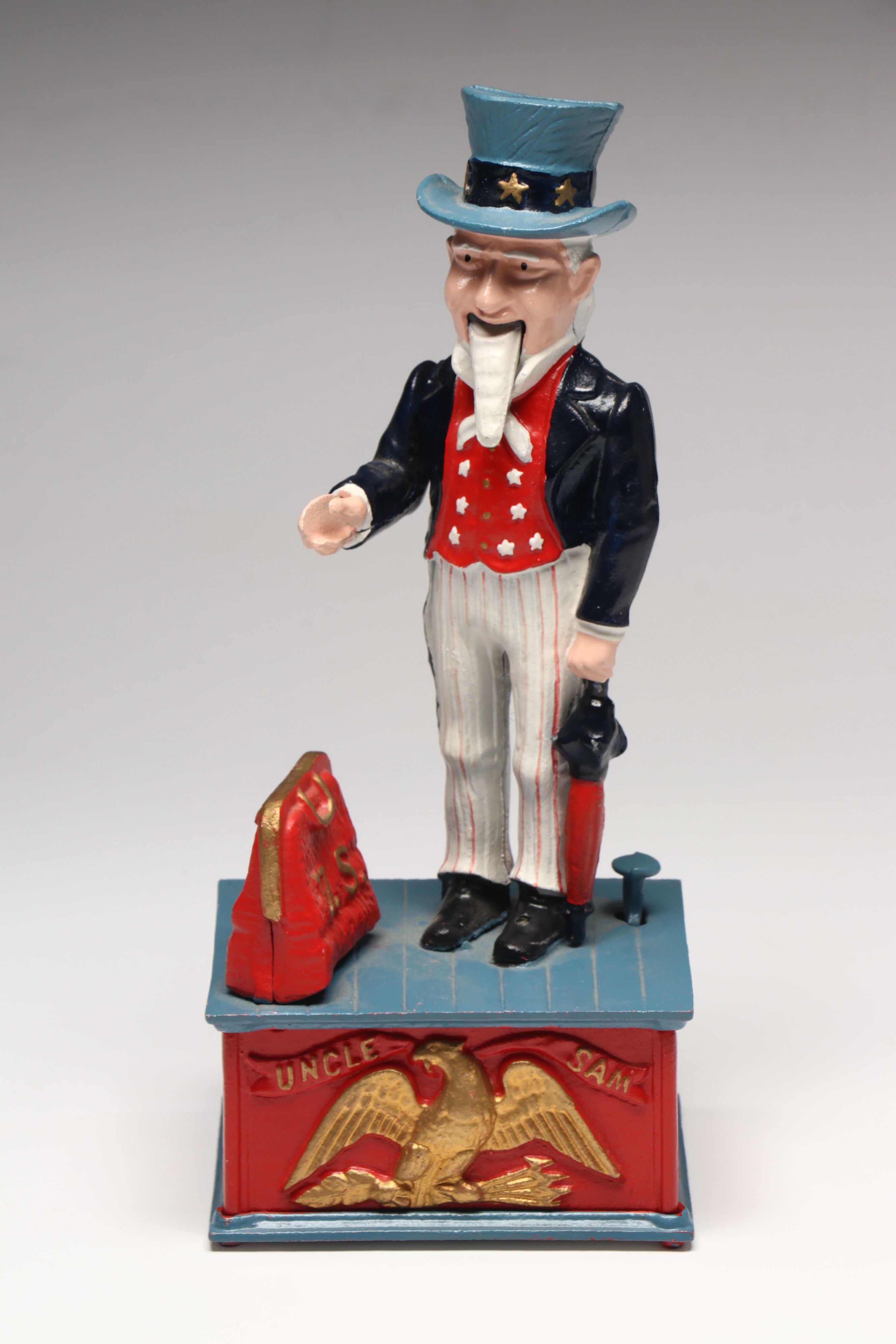 Reproduction Cold-Painted Cast Iron Uncle Sam, Golfer and Fishing Coin Banks