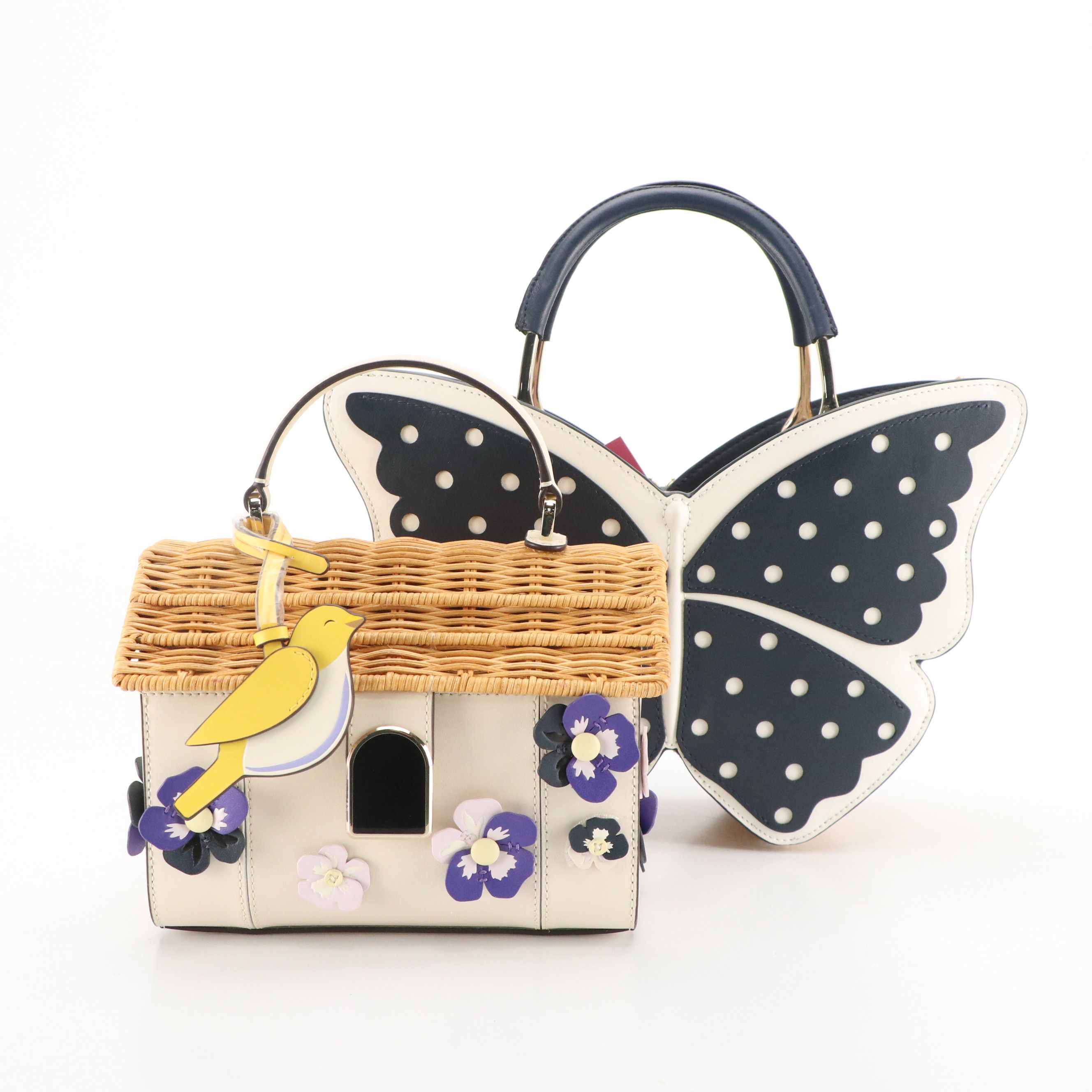 Kate Spade Wing It Polka Dot Wicker Butterfly and Wicker Birdhouse Two-Way Bags