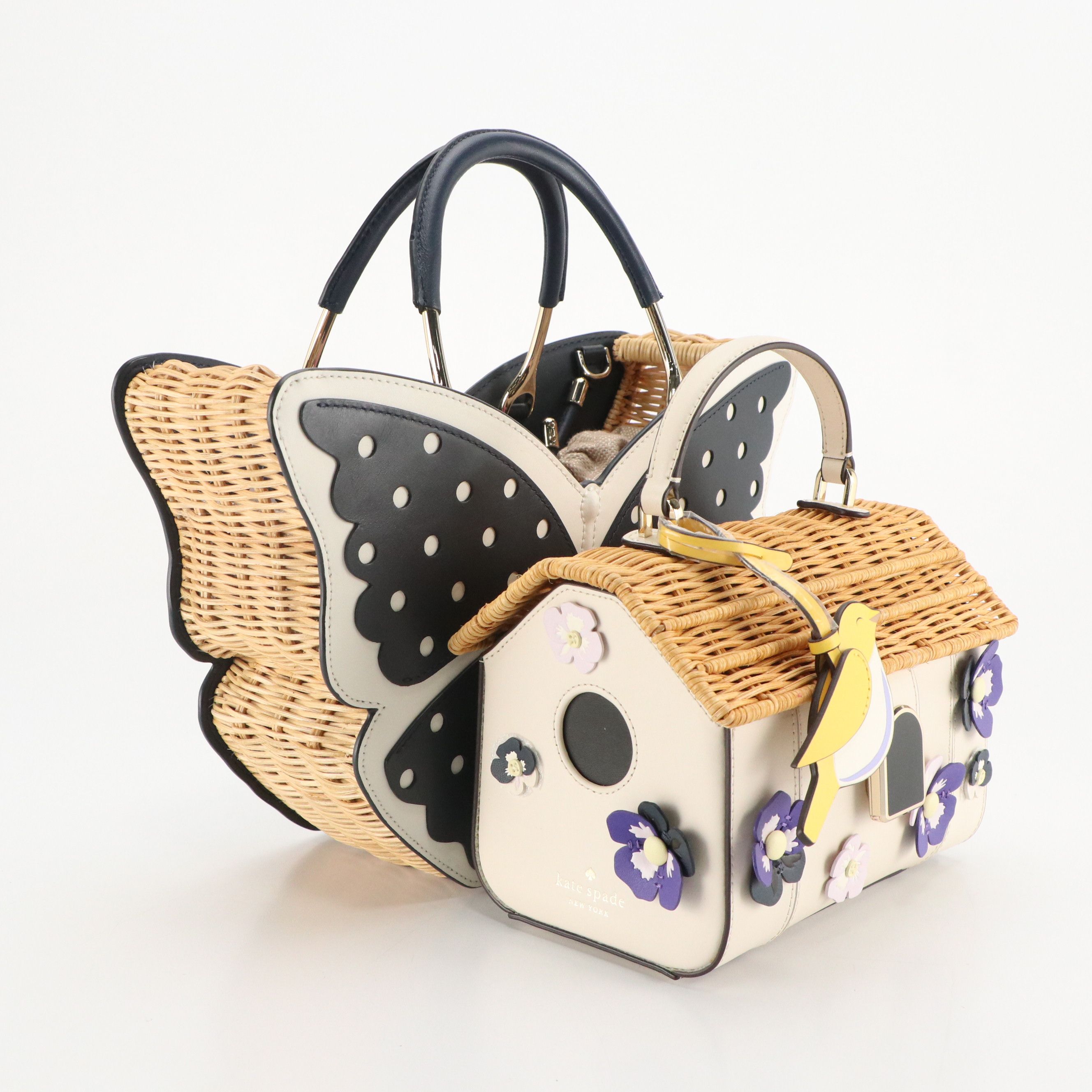 Kate Spade Wing It Polka Dot Wicker Butterfly and Wicker Birdhouse Two-Way Bags