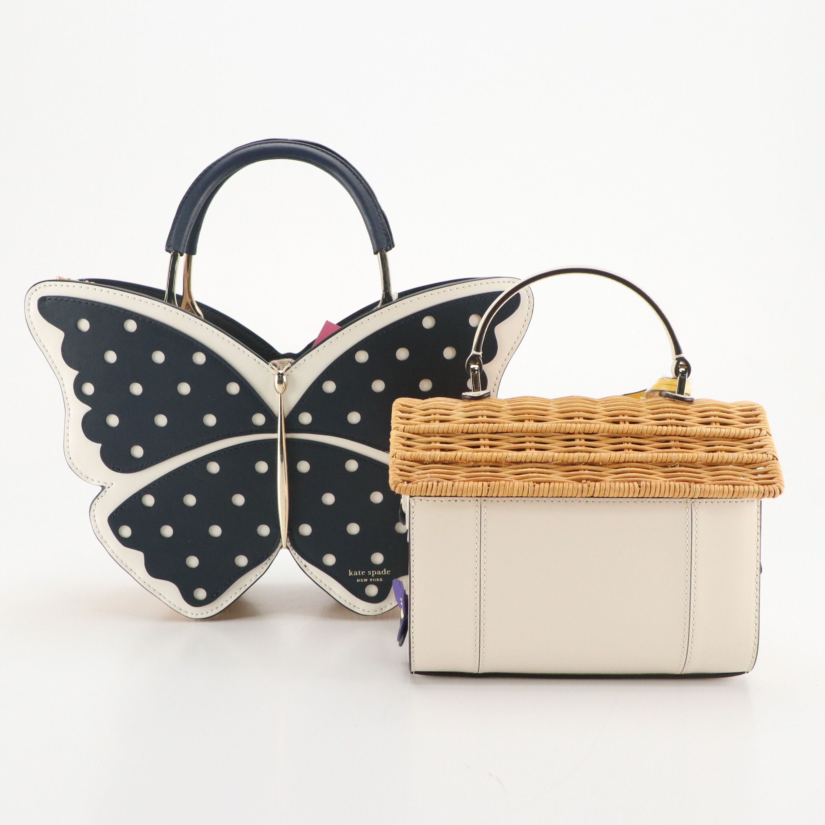 Kate Spade Wing It Polka Dot Wicker Butterfly and Wicker Birdhouse Two-Way Bags